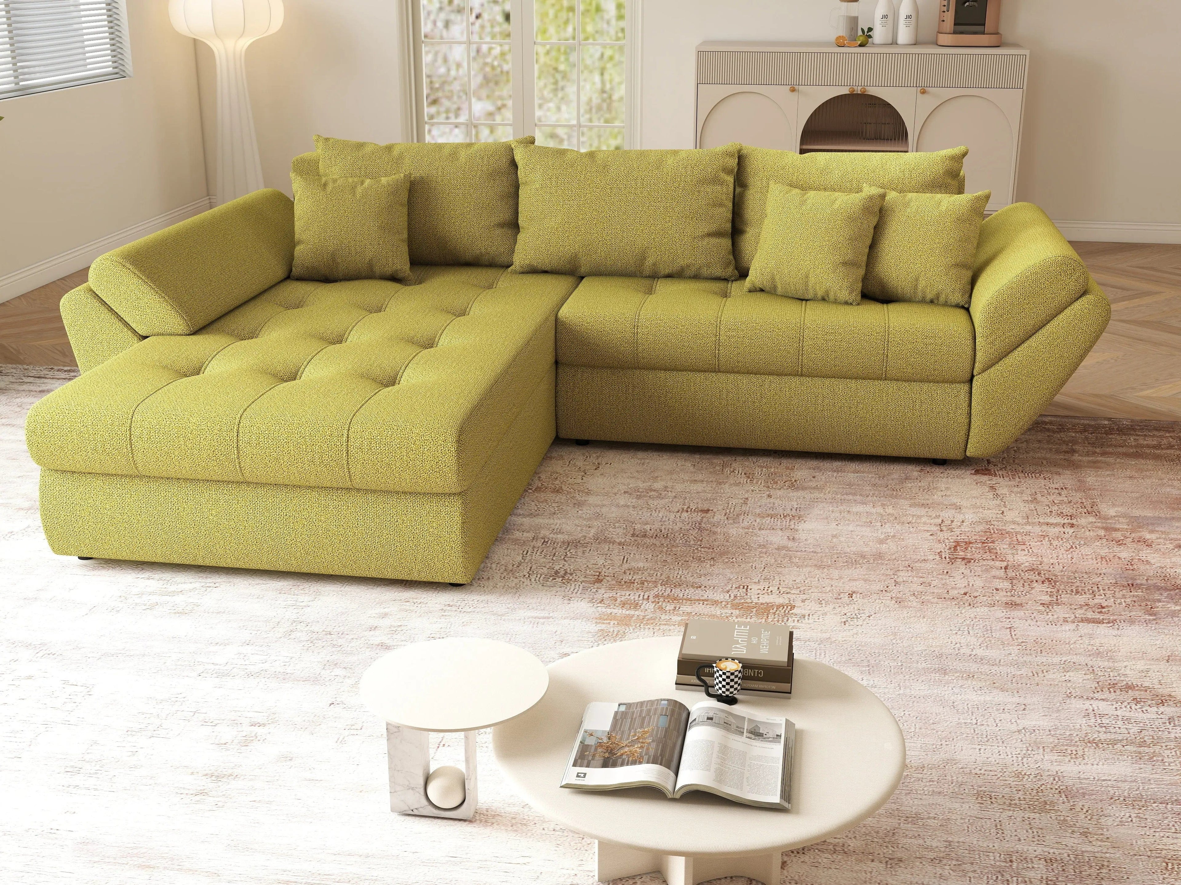 Colțar extensibil dumonde cu ladă de depozitare si sezut confortabil din spuma high-density, Loana Enjoy Green 270x185 cm