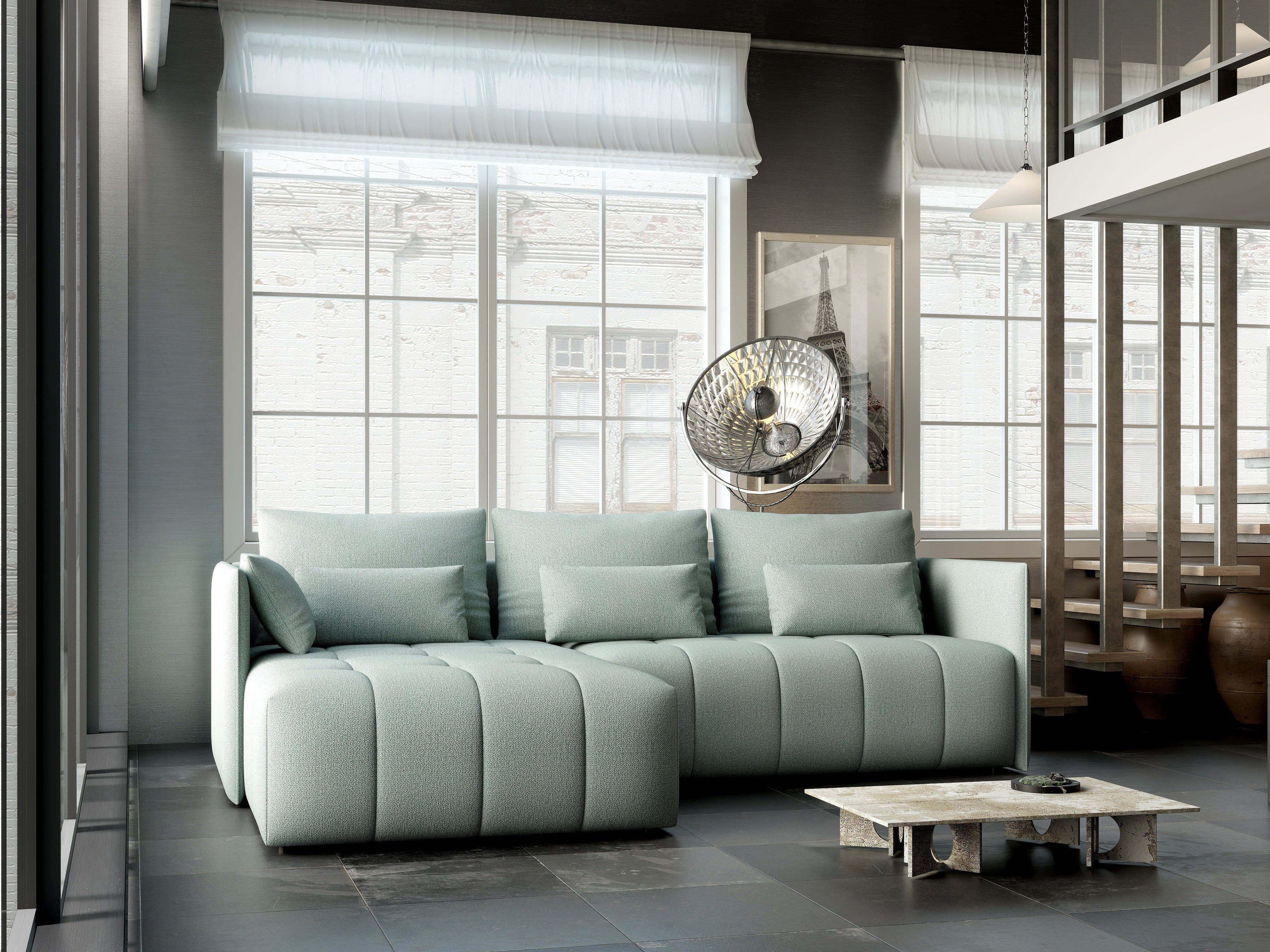 Colțar extensibil dumonde cu ladă de depozitare si sezut confortabil din spuma high-density, Malta Enjoy Mint 235x185 cm