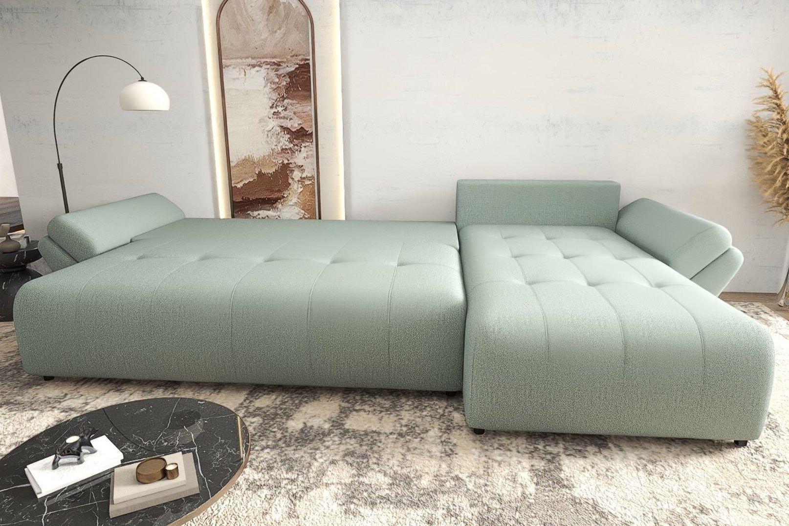 Colțar extensibil dumonde cu ladă de depozitare si sezut confortabil din spuma high-density, Berlin XL Enjoy Mint 350x185 cm II
