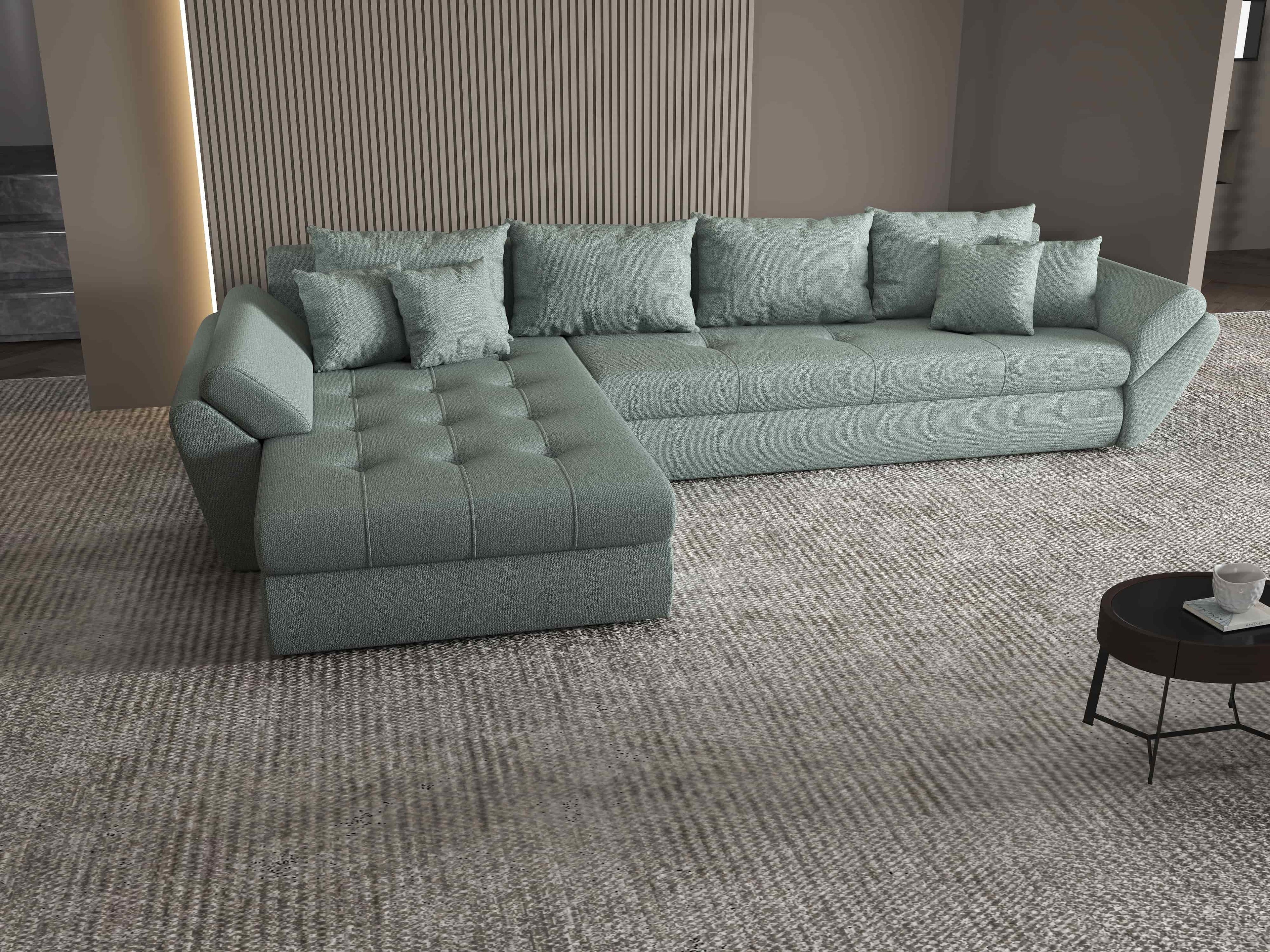 Colțar extensibil dumonde cu ladă de depozitare si sezut confortabil din spuma high-density, Loana XL Enjoy Mint 335x185 cm