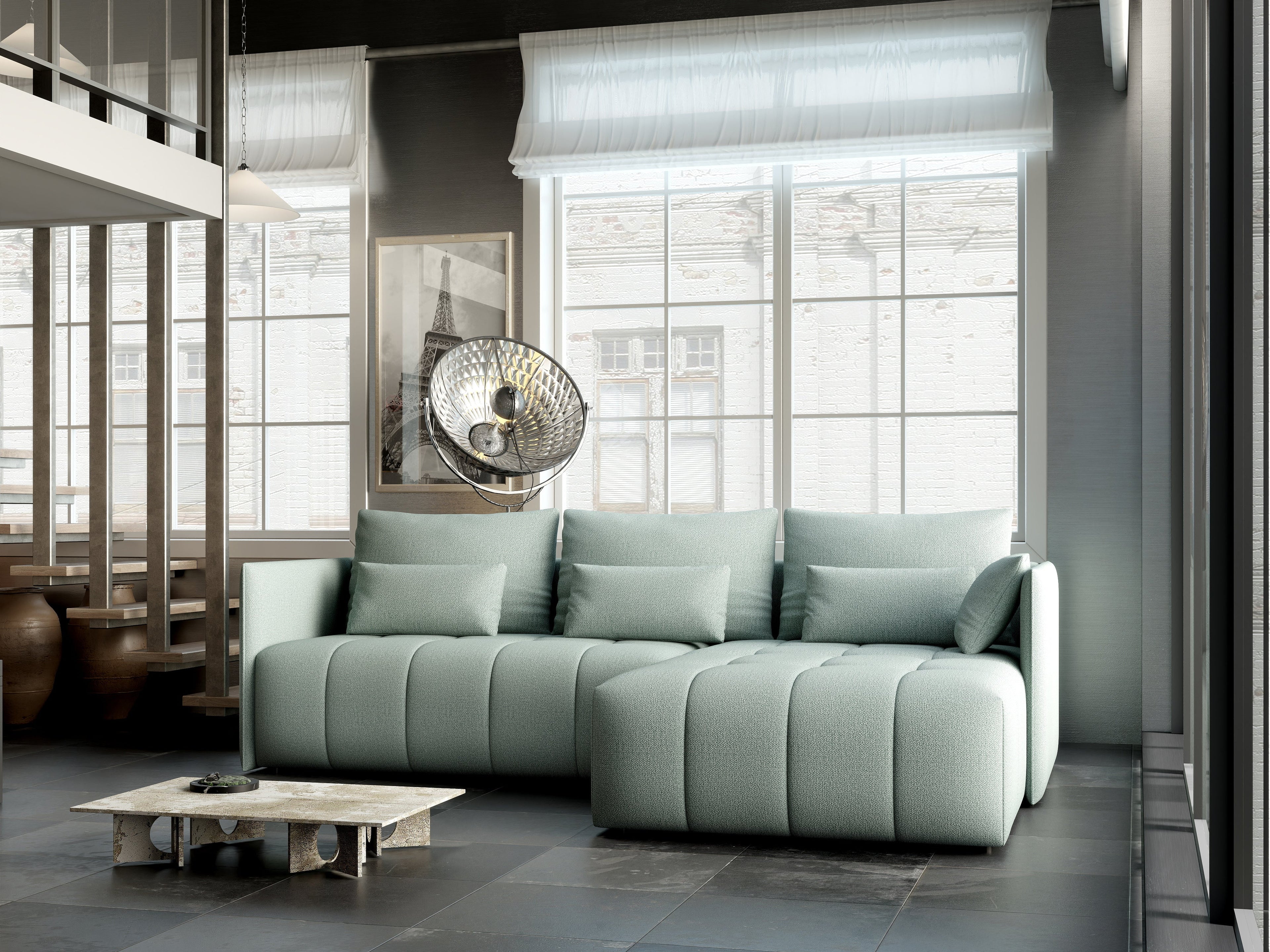 Colțar extensibil dumonde cu ladă de depozitare si sezut confortabil din spuma high-density, Malta Enjoy Mint II 235x185 cm