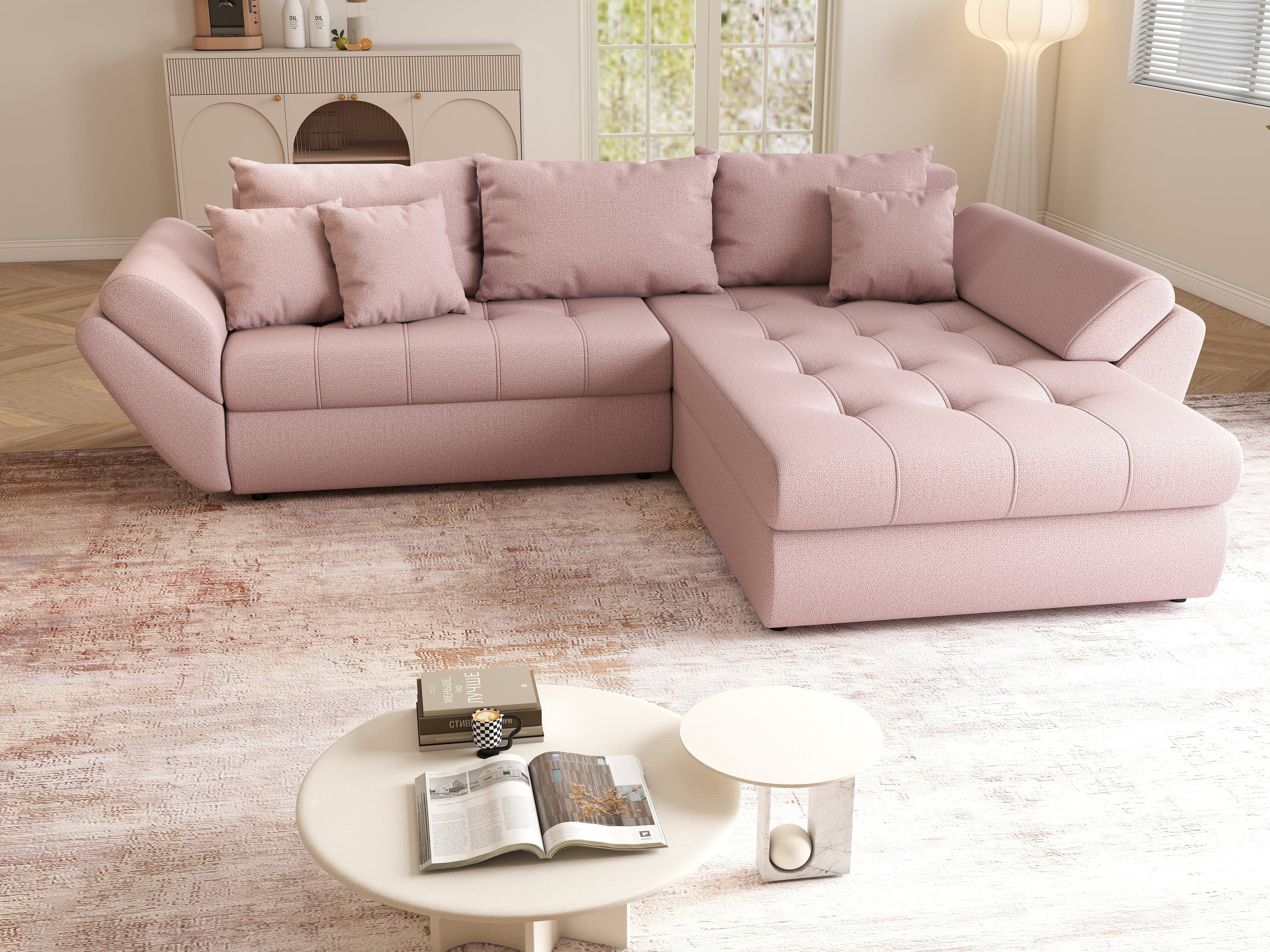 Colțar extensibil dumonde cu ladă de depozitare si sezut confortabil din spuma high-density, Loana Enjoy Flamingo II 270x185 cm