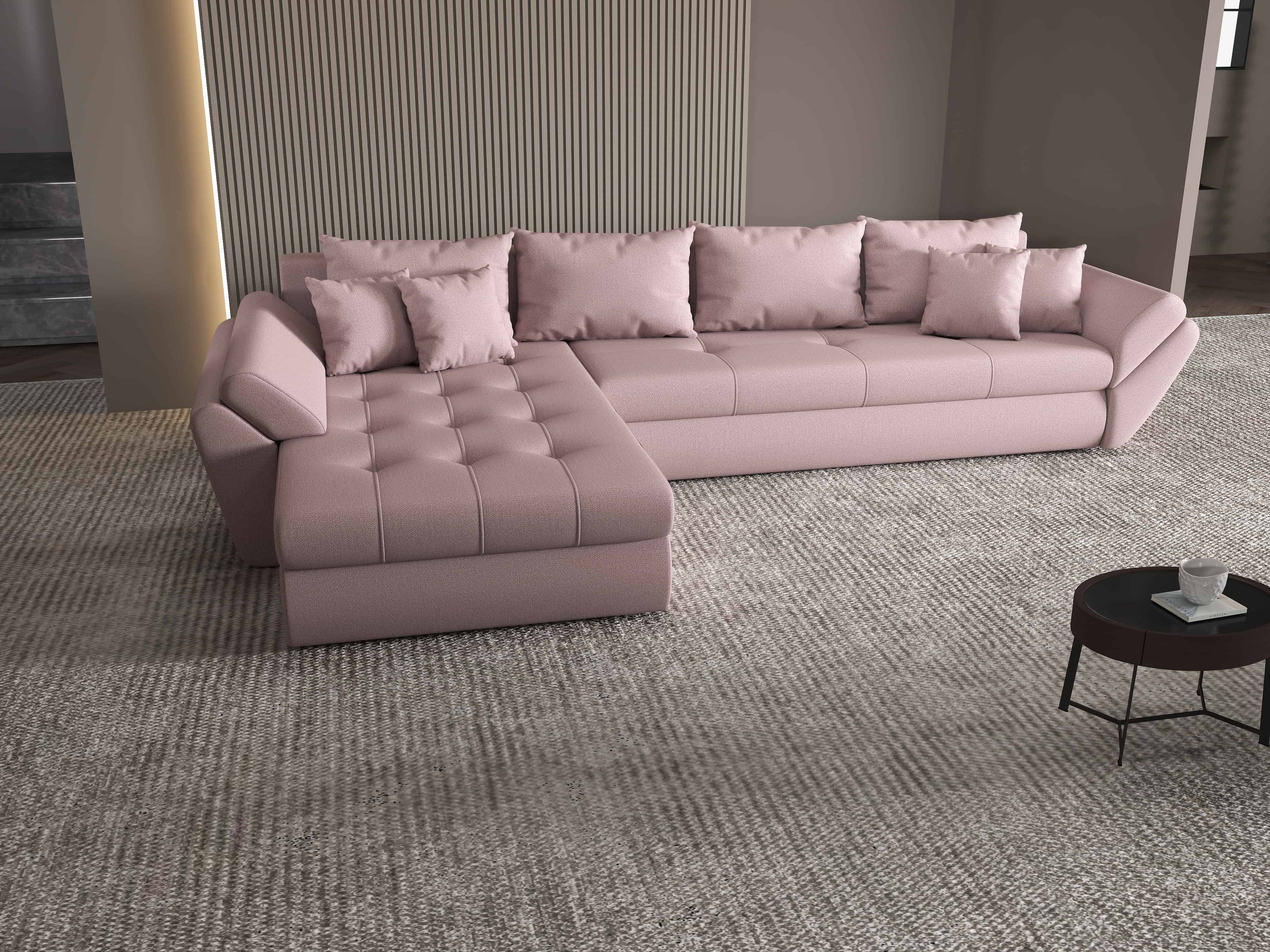 Colțar extensibil dumonde cu ladă de depozitare si sezut confortabil din spuma high-density, Loana XL Enjoy Flamingo 335x185 cm