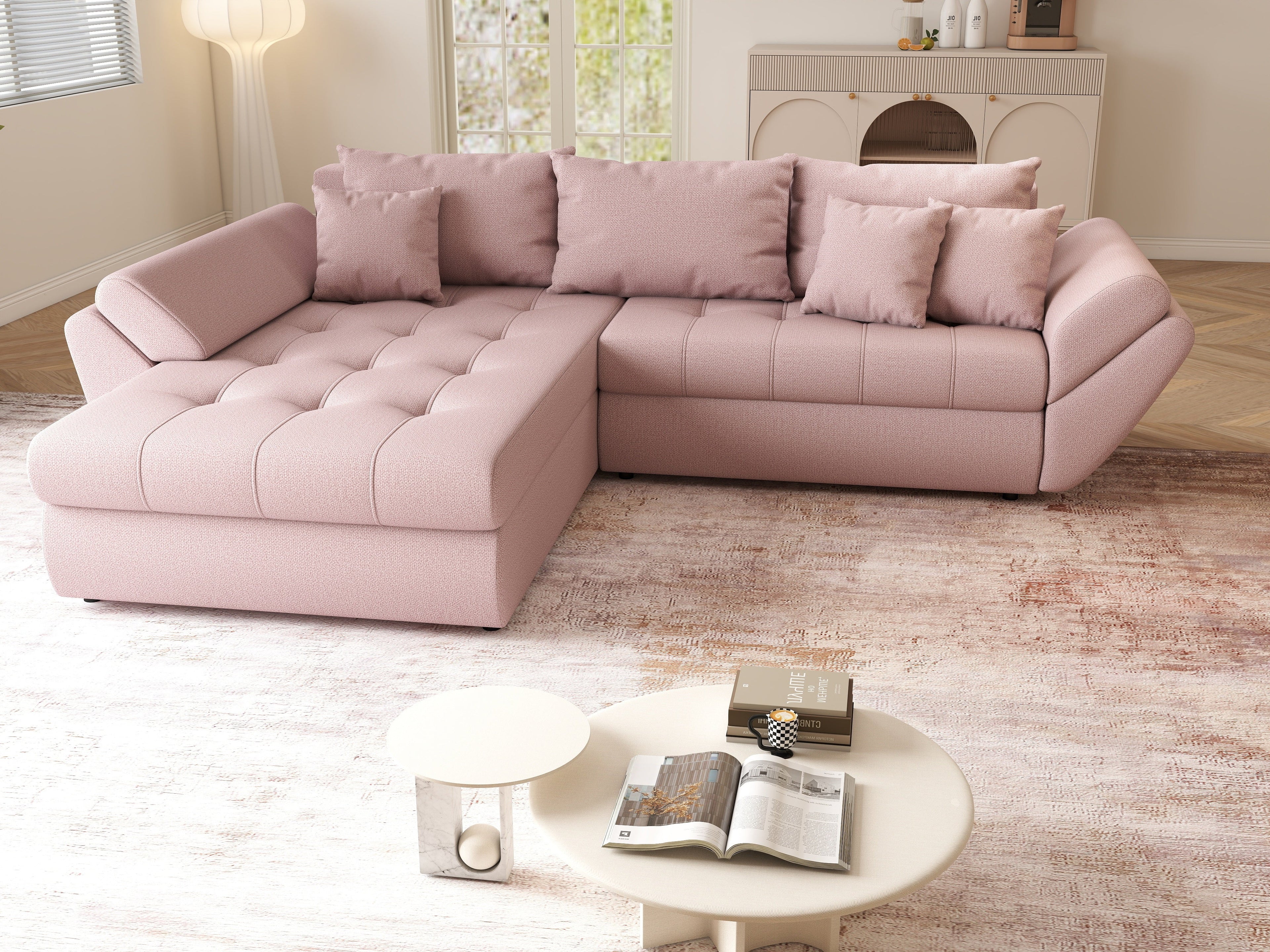 Colțar extensibil dumonde cu ladă de depozitare si sezut confortabil din spuma high-density, Loana Enjoy Flamingo 270x185 cm