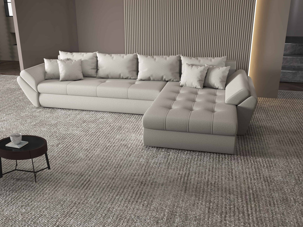 Colțar extensibil dumonde cu ladă de depozitare si sezut confortabil din spuma high-density, Loana XL Enjoy Beige II 335x185 cm
