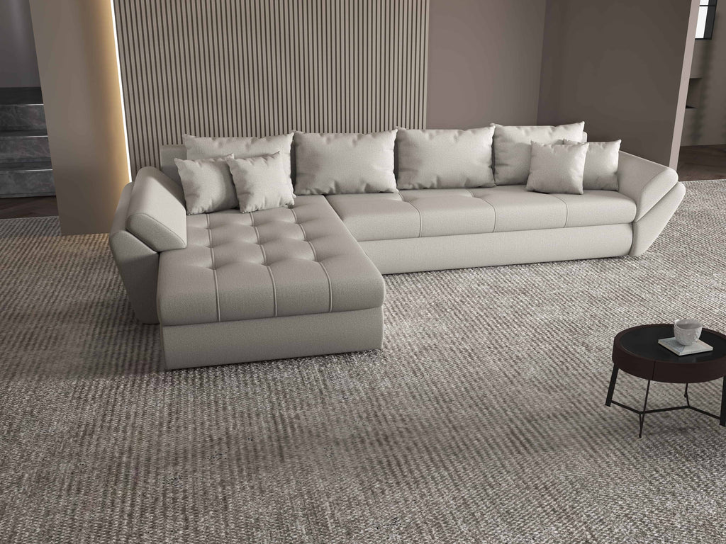 Colțar extensibil dumonde cu ladă de depozitare si sezut confortabil din spuma high-density, Loana XL Enjoy Beige 335x185 cm