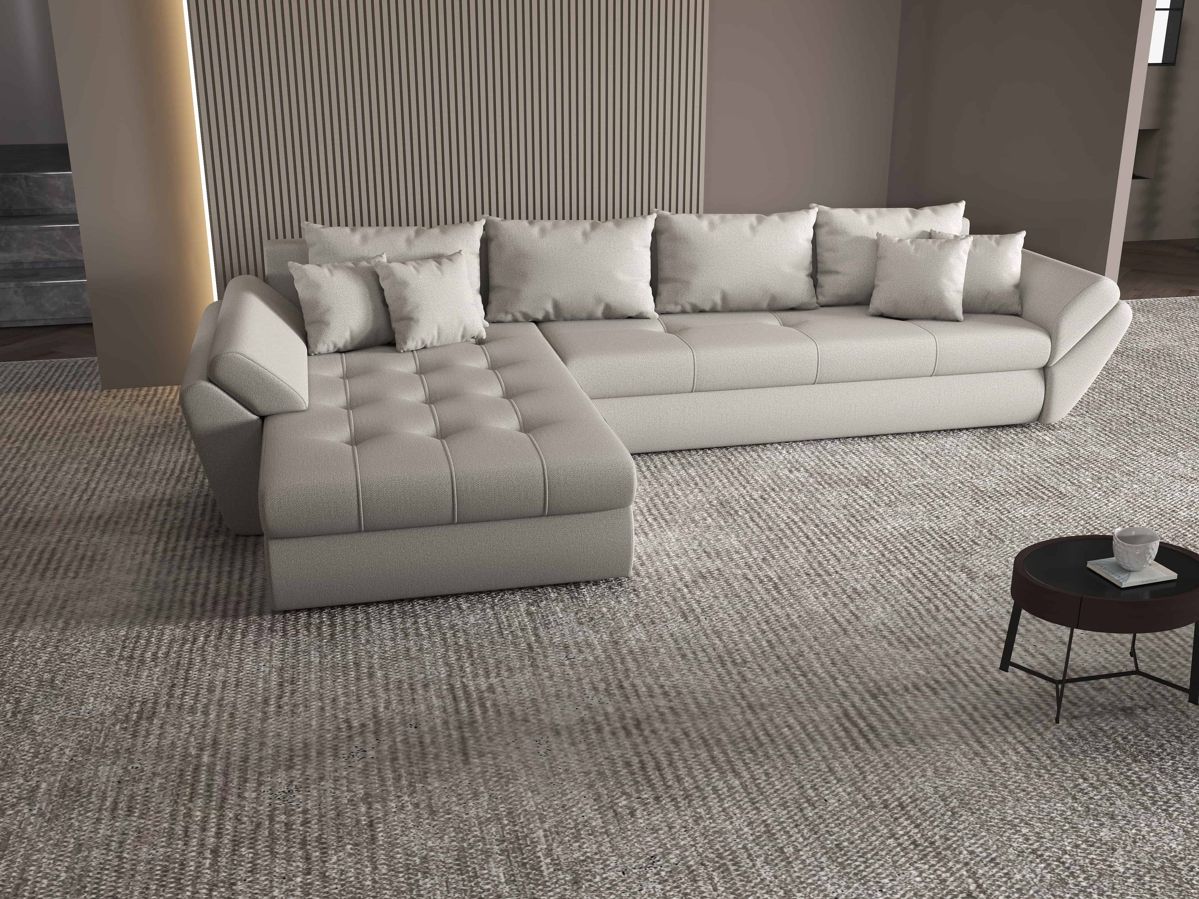 Colțar extensibil dumonde cu ladă de depozitare si sezut confortabil din spuma high-density, Loana XL Enjoy Beige 335x185 cm