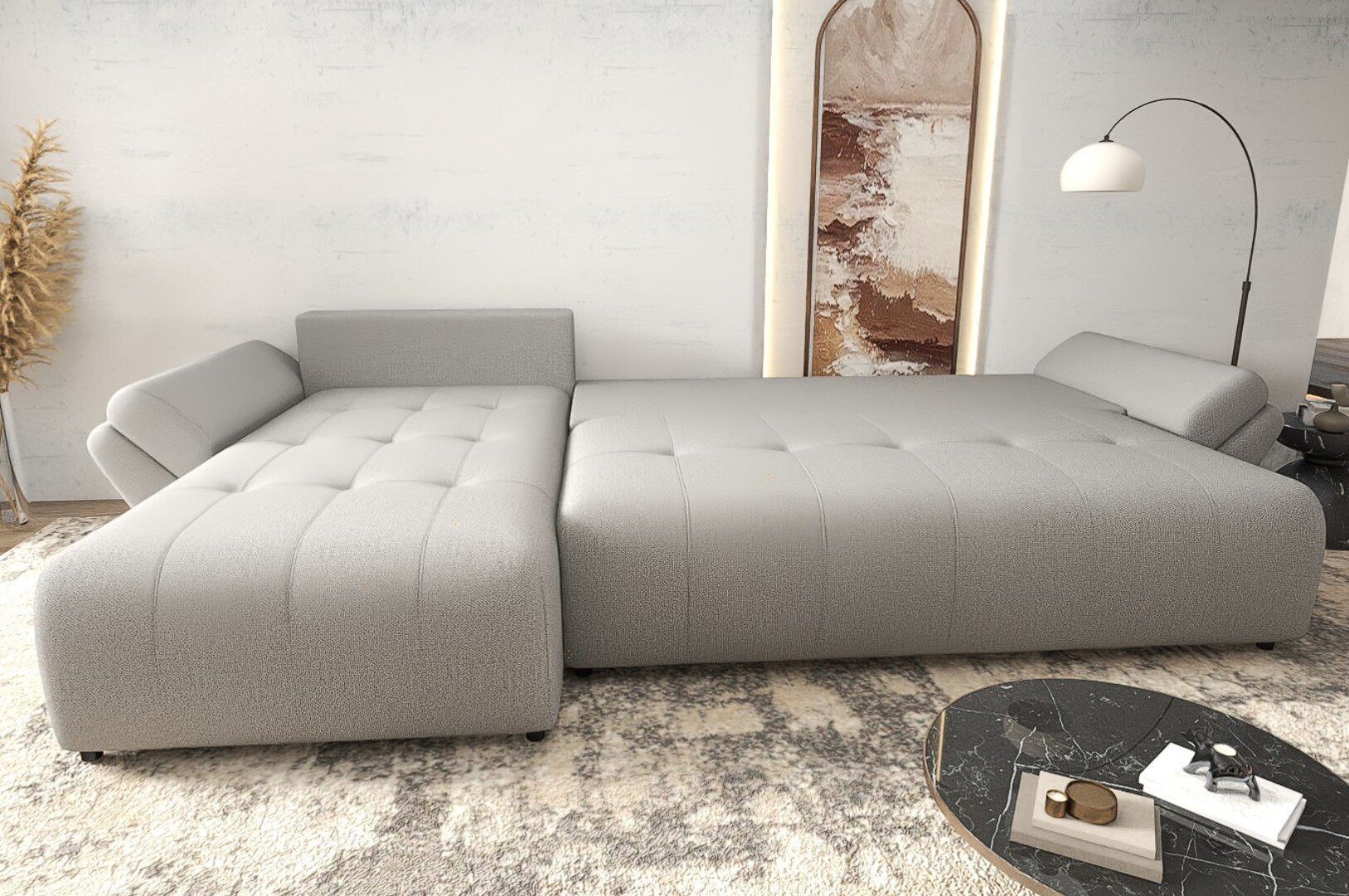 Colțar extensibil dumonde cu ladă de depozitare si sezut confortabil din spuma high-density, Berlin XL Enjoy Grey 350x185 cm