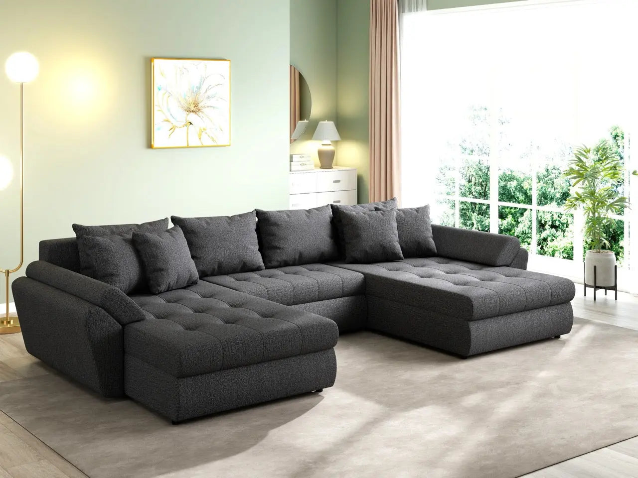 Colțar extensibil dumonde cu ladă de depozitare si sezut confortabil din spuma high-density, Loana U Enjoy Grafit 355x185 cm