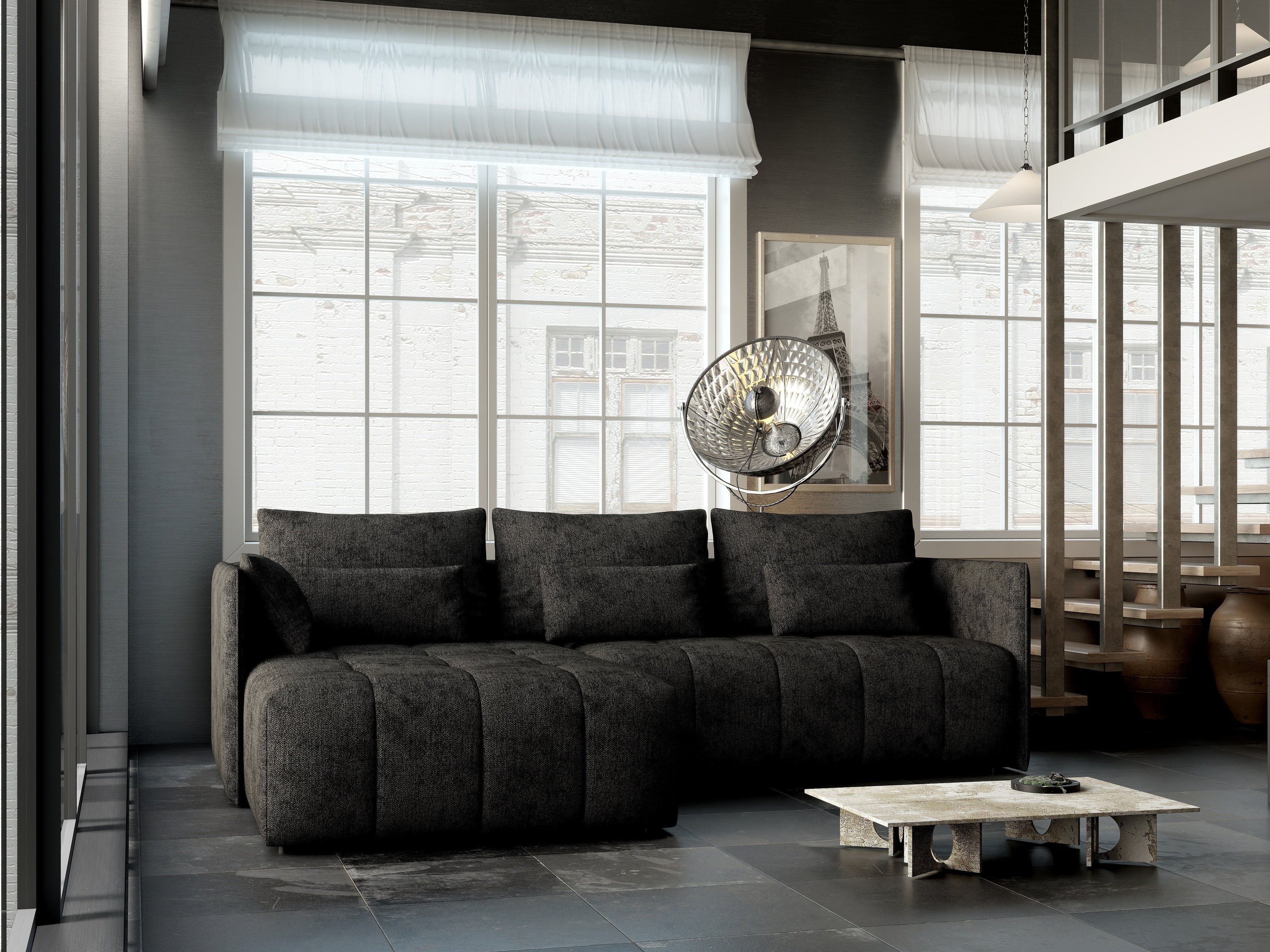 Colțar extensibil dumonde cu ladă de depozitare si sezut confortabil din spuma high-density, Malta Enjoy Black 235x185 cm