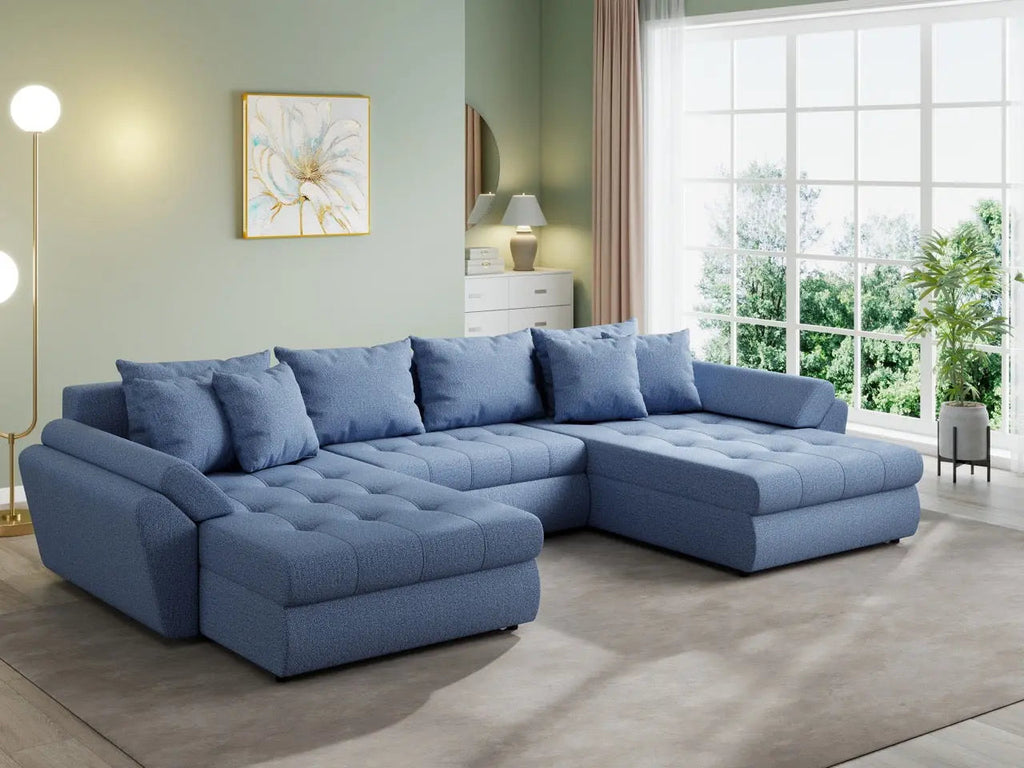 Colțar extensibil  dumonde cu ladă de depozitare si sezut confortabil din spuma high-density, Loana U Enjoy Blue 355x185 cm