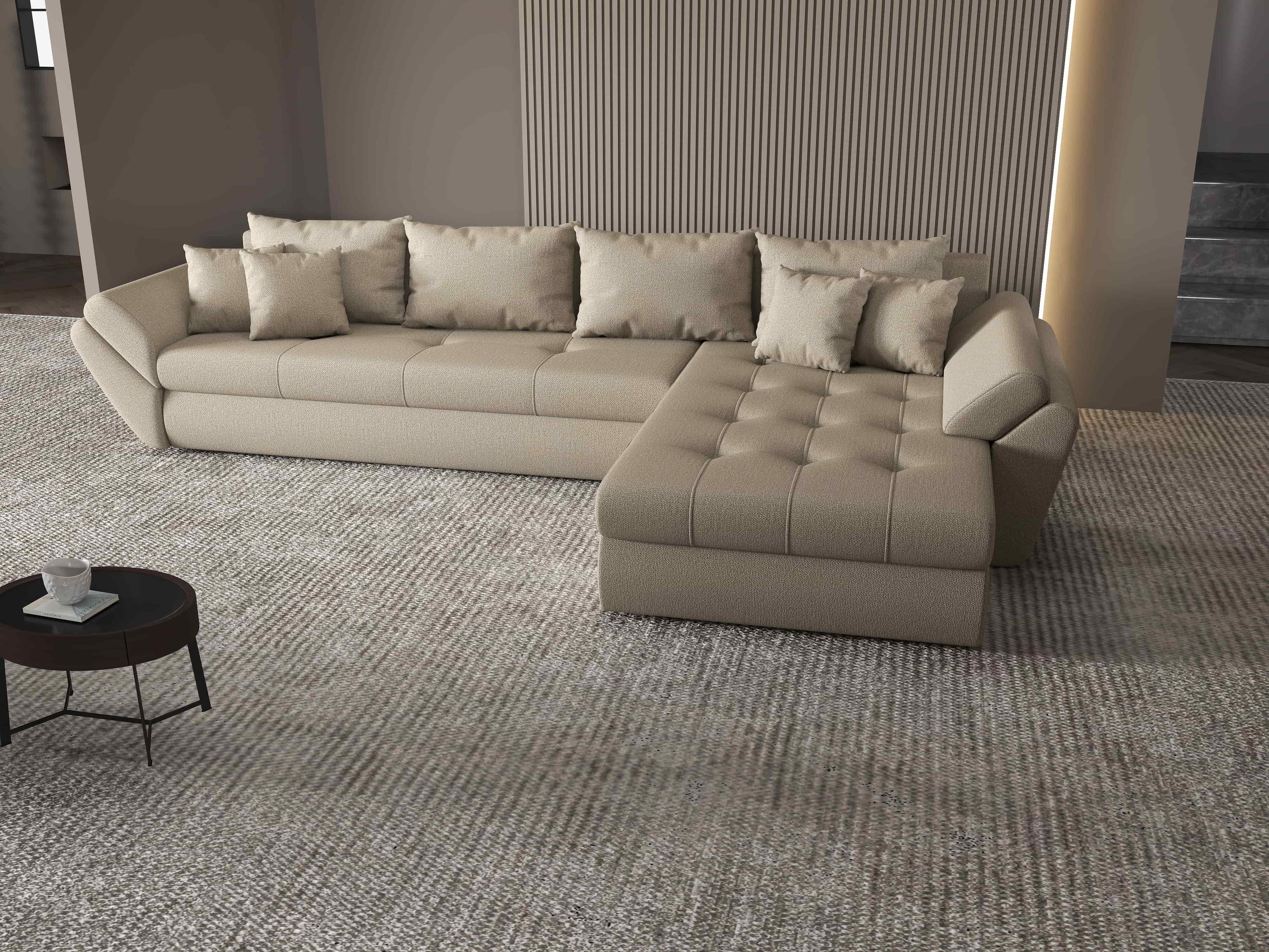Colțar extensibil dumonde cu ladă de depozitare si sezut confortabil din spuma high-density, Loana XL Enjoy Camel II 335x185 cm
