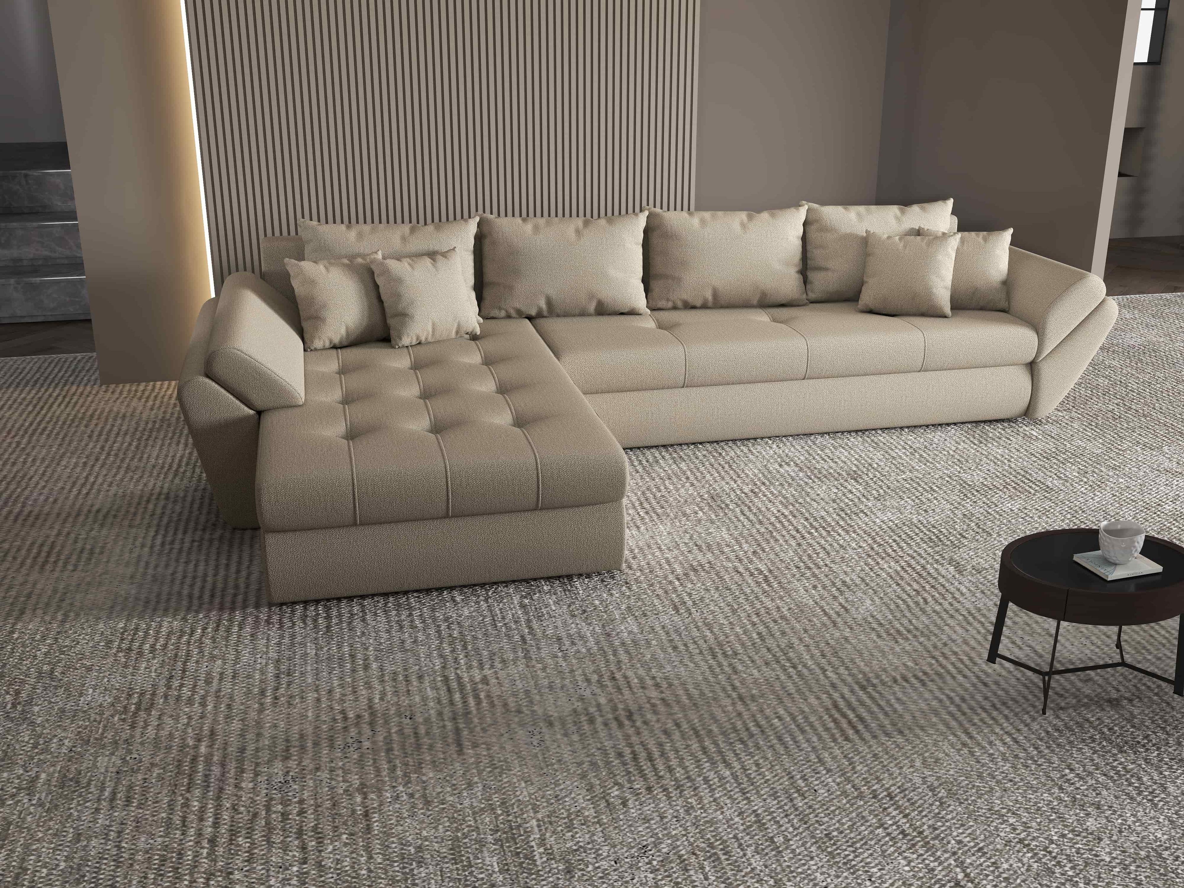 Colțar extensibil dumonde cu ladă de depozitare si sezut confortabil din spuma high-density, Loana XL Enjoy Camel 335x185 cm