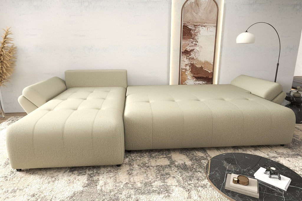 Colțar extensibil dumonde cu ladă de depozitare si sezut confortabil din spuma high-density, Berlin XL Enjoy Camel 350x185 cm
