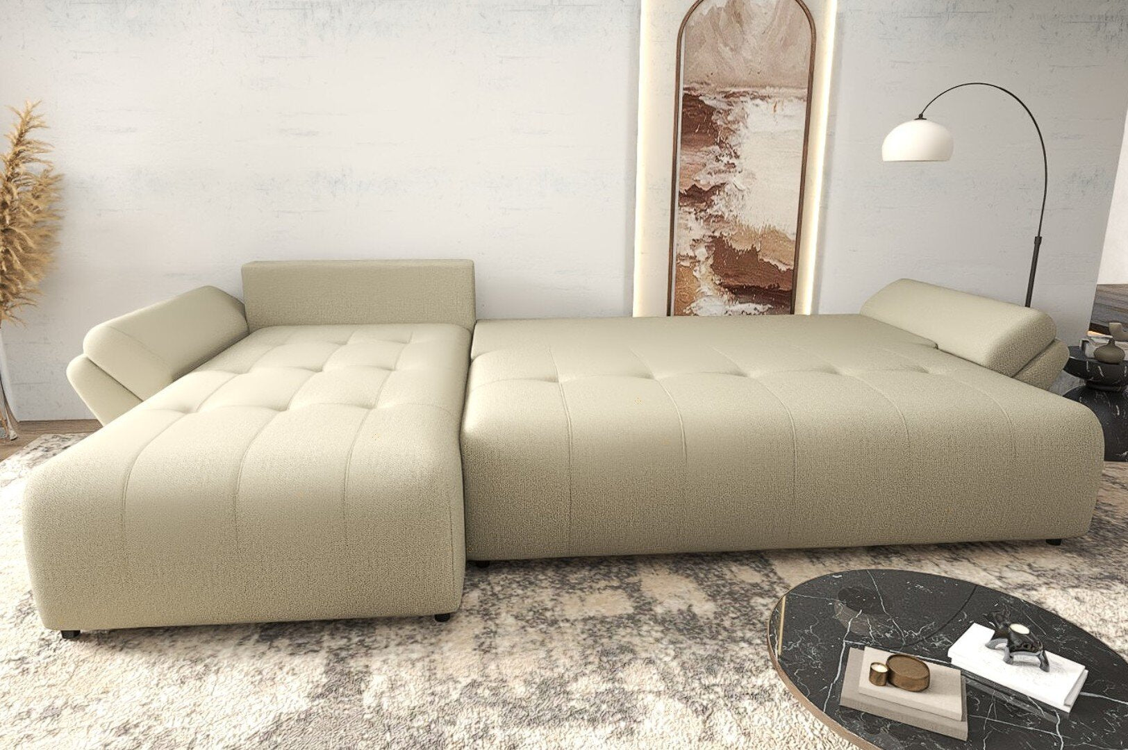 Colțar extensibil dumonde cu ladă de depozitare si sezut confortabil din spuma high-density, Berlin XL Enjoy Camel 350x185 cm