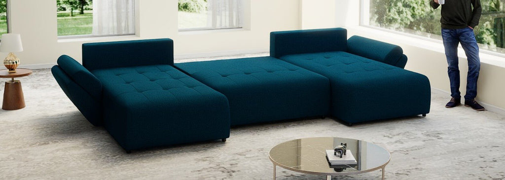 Colțar extensibil dumonde cu ladă de depozitare si sezut confortabil din spuma high-density, Berlin U Enjoy Petrol 380x180 cm