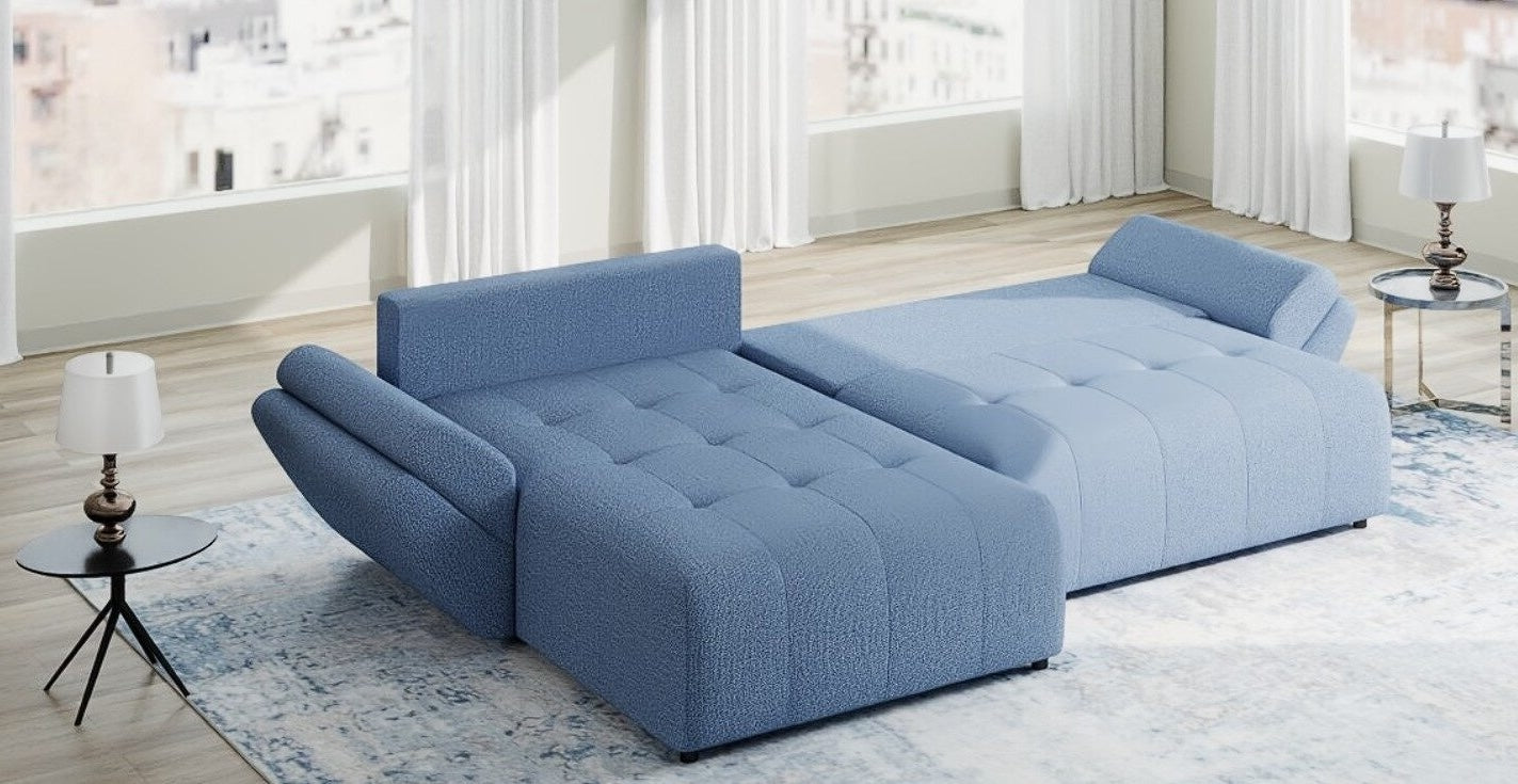 Colțar extensibil dumonde cu ladă de depozitare si sezut confortabil din spuma high-density, Berlin Enjoy Albastru 280x185 cm