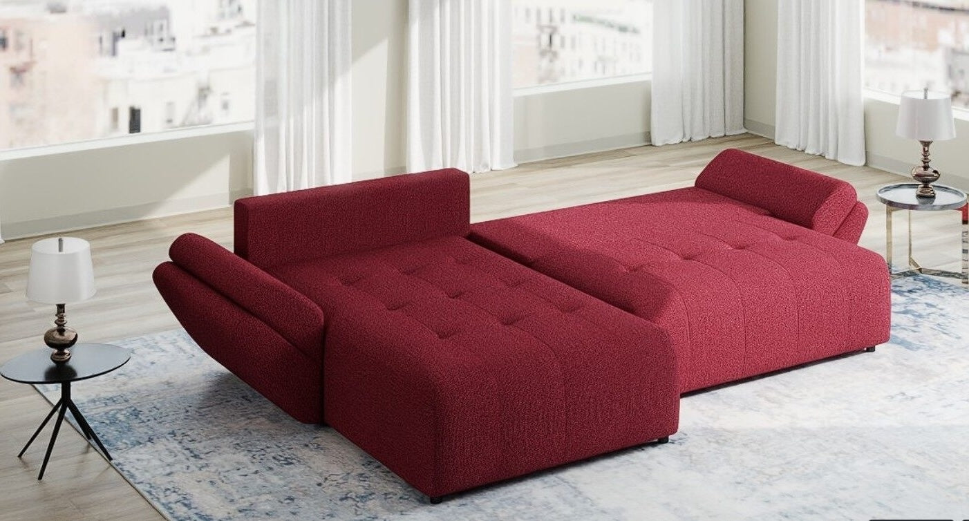 Colțar extensibil dumonde cu ladă de depozitare si sezut confortabil din spuma high-density, Berlin Enjoy Rosu 280x185 cm