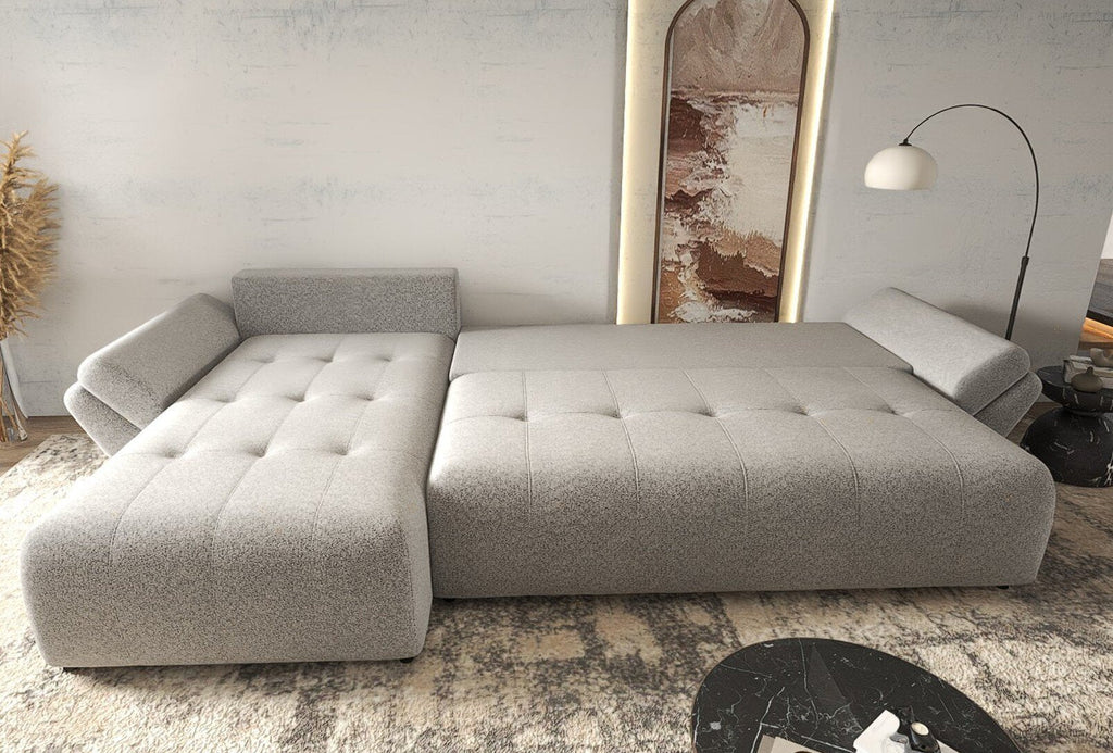 Colțar extensibil dumonde cu ladă de depozitare si sezut confortabil din spuma high-density, Berlin XL Euphoria Dove 350x185 cm