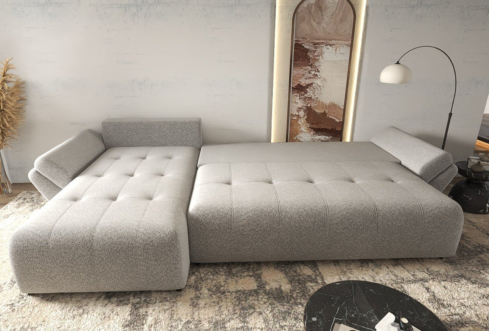 Colțar extensibil dumonde cu ladă de depozitare si sezut confortabil din spuma high-density, Berlin XL Euphoria Dove 350x185 cm