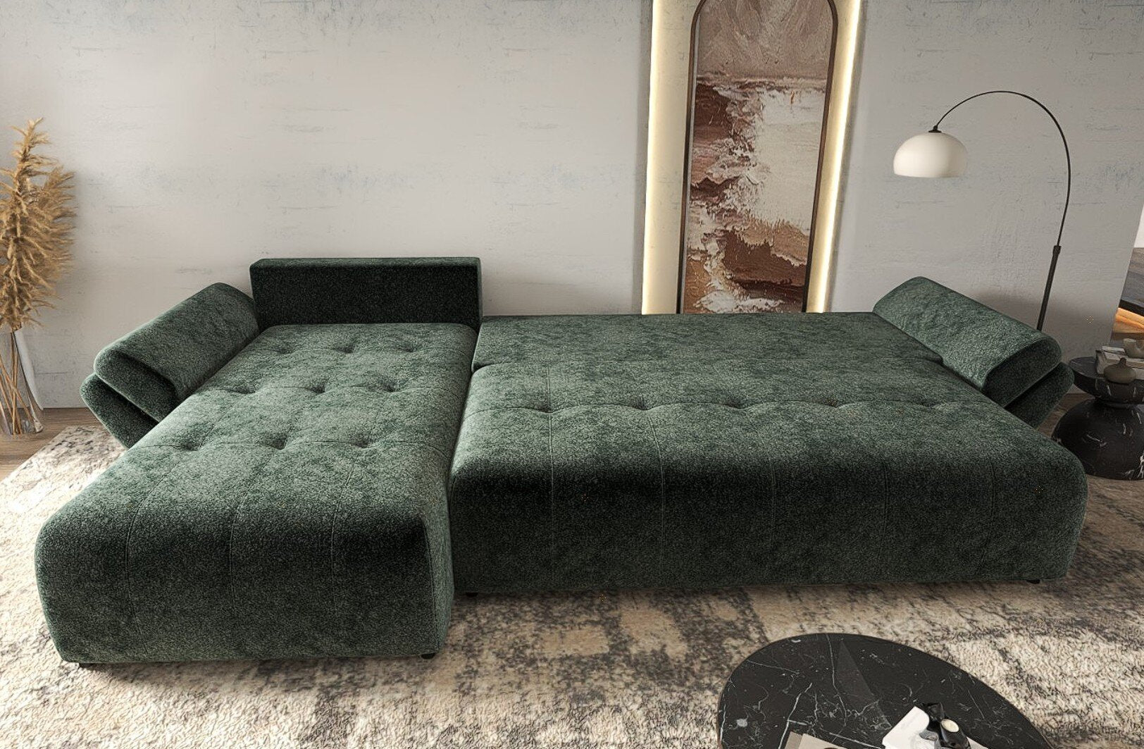 Colțar extensibil dumonde cu ladă de depozitare si sezut confortabil din spuma high-density, Berlin XL Euphoria Green 350x185 cm