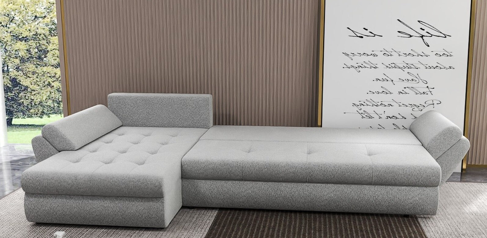 Colțar extensibil dumonde cu ladă de depozitare si sezut confortabil din spuma high-density, Loana XL Euphoria Dove II 335x185 cm