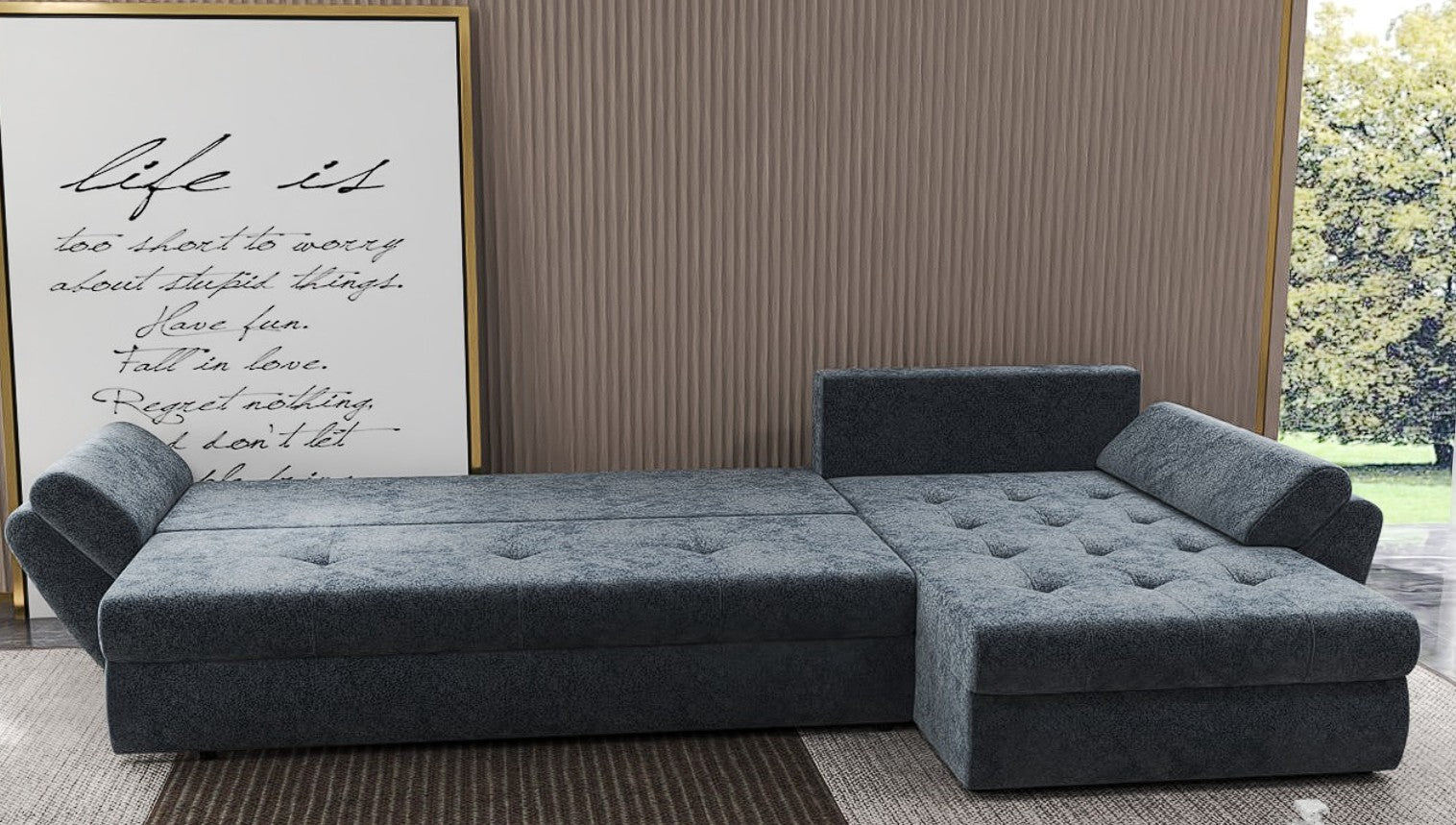 Colțar extensibil dumonde cu ladă de depozitare si sezut confortabil din spuma high-density, Loana XL Euphoria Grafit 335x185 cm