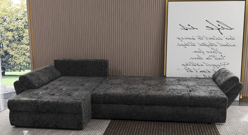 Colțar extensibil dumonde cu ladă de depozitare si sezut confortabil din spuma high-density, Loana XL Euphoria Negru II 335x185 cm