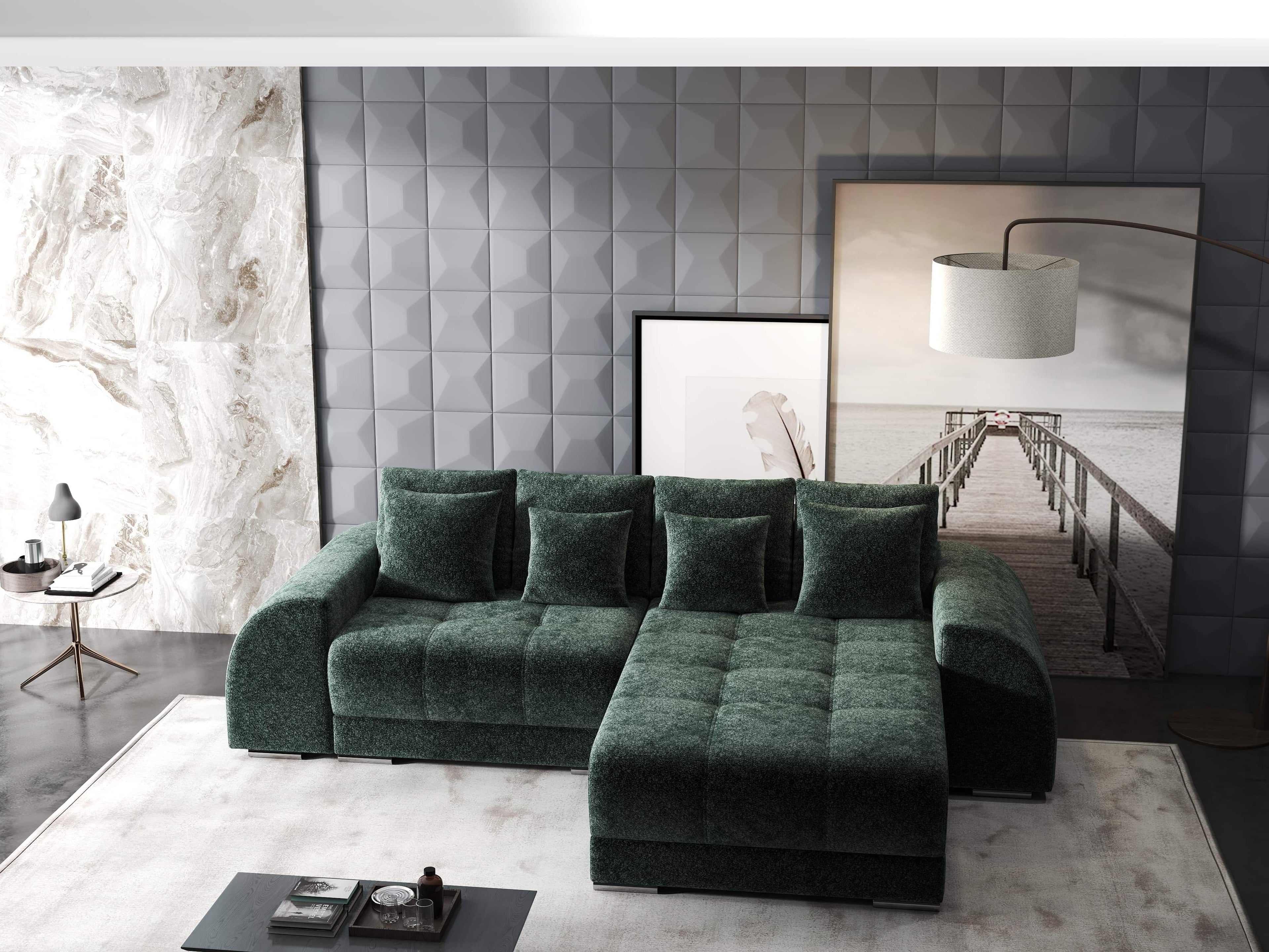 Colțar extensibil dumonde cu ladă de depozitare si sezut confortabil din spuma high-density, Verona Euphoria Verde II 290x185 cm