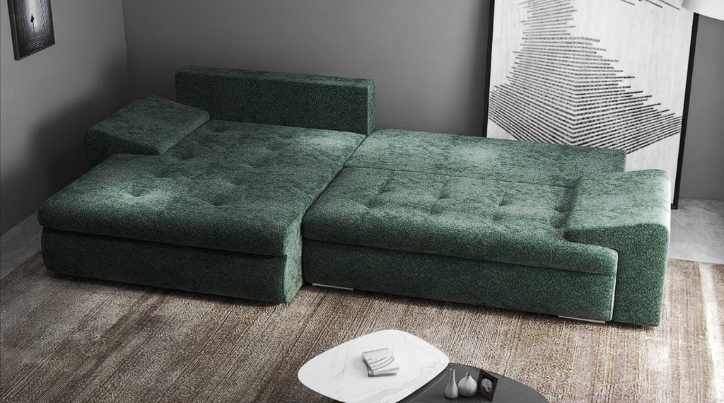 Colțar extensibil dumonde cu ladă de depozitare si sezut confortabil din spuma high-density, Leonardo Euphoria Verde 260x185 cm