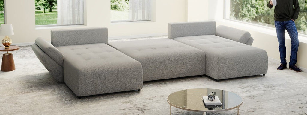 Colțar extensibil dumonde cu ladă de depozitare si sezut confortabil din spuma high-density, Berlin U Euphoria Dove 380x180 cm