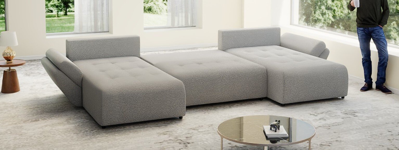 Colțar extensibil dumonde cu ladă de depozitare si sezut confortabil din spuma high-density, Berlin U Euphoria Dove 380x180 cm