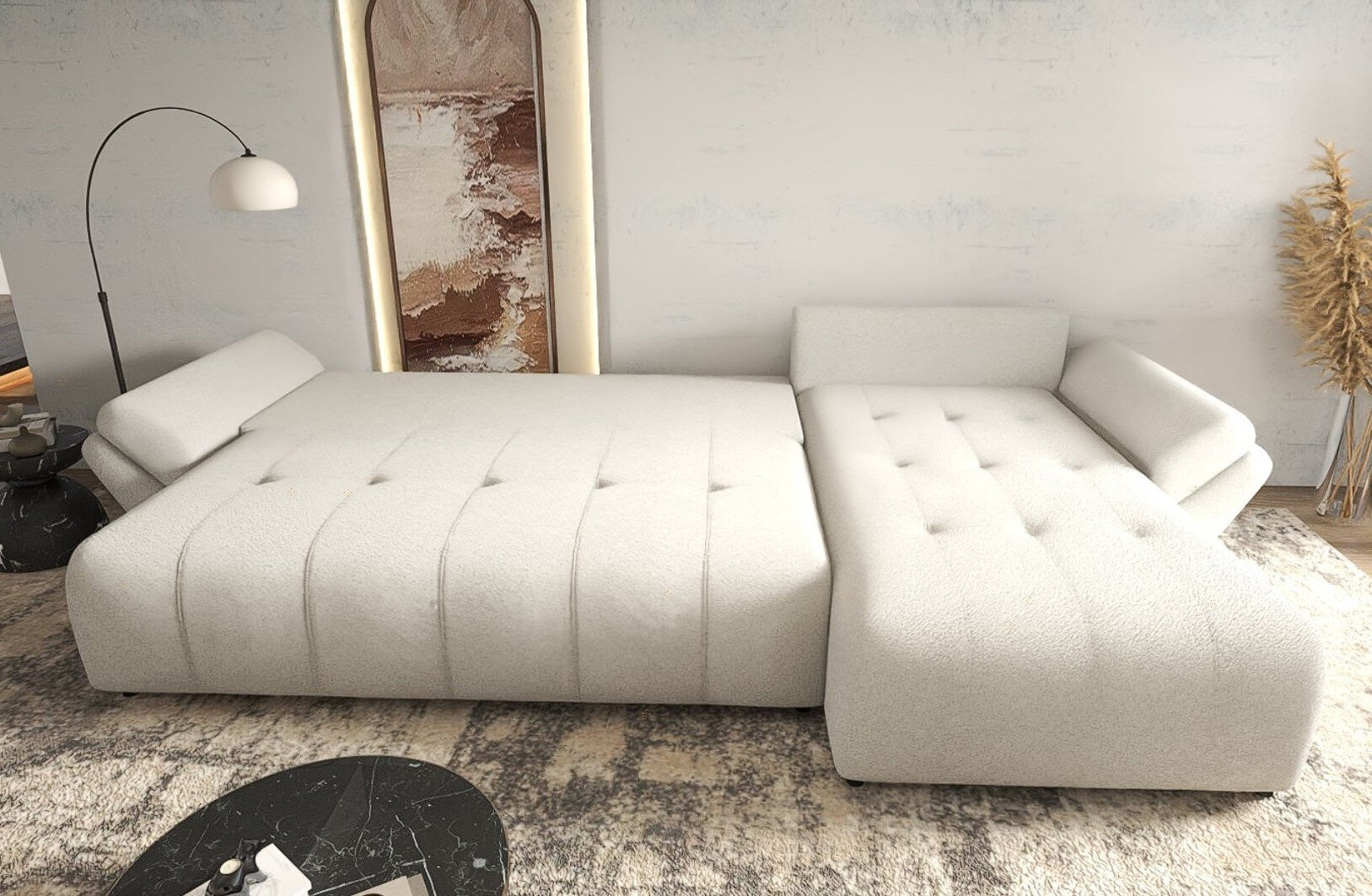 Colțar extensibil dumonde cu ladă de depozitare si sezut confortabil din spuma high-density, Berlin XL Euphoria Ivory 350x185 cm II