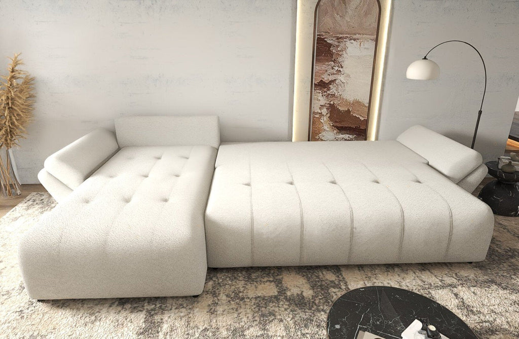 Colțar extensibil dumonde cu ladă de depozitare si sezut confortabil din spuma high-density, Berlin XL Euphoria Ivory 350x185 cm
