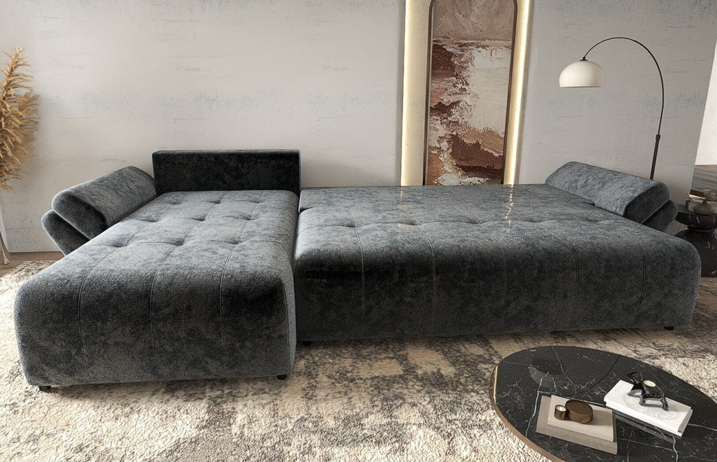 Colțar extensibil dumonde cu ladă de depozitare si sezut confortabil din spuma high-density, Berlin XL Euphoria Graphite 350x185 cm
