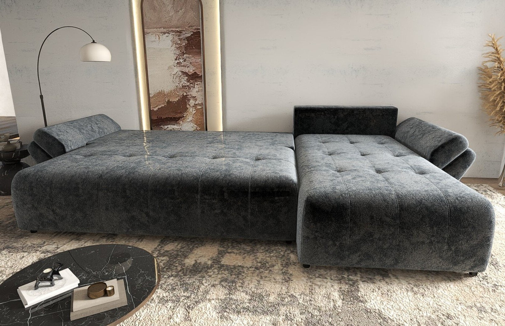 Colțar extensibil dumonde cu ladă de depozitare si sezut confortabil din spuma high-density, Berlin XL Euphoria Graphite 350x185 cm II