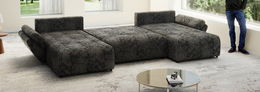 Colțar extensibil dumonde cu ladă de depozitare si sezut confortabil din spuma high-density, Berlin U Euphoria Dark Grey 380x180 cm