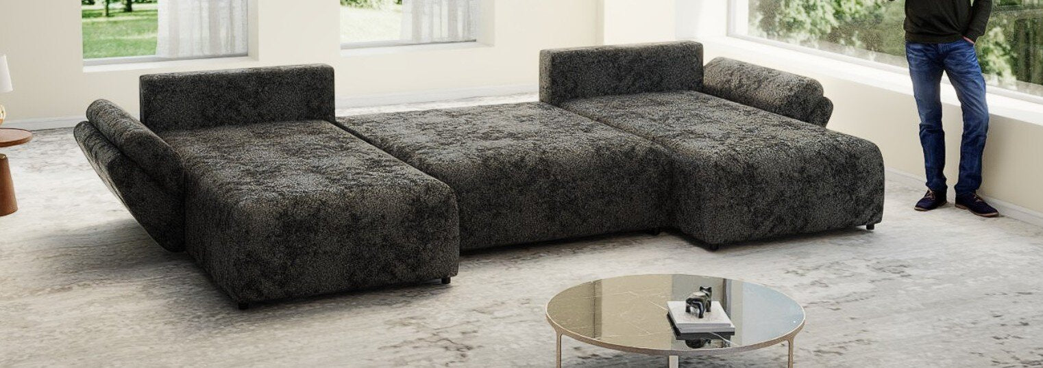 Colțar extensibil dumonde cu ladă de depozitare si sezut confortabil din spuma high-density, Berlin U Euphoria Dark Grey 380x180 cm