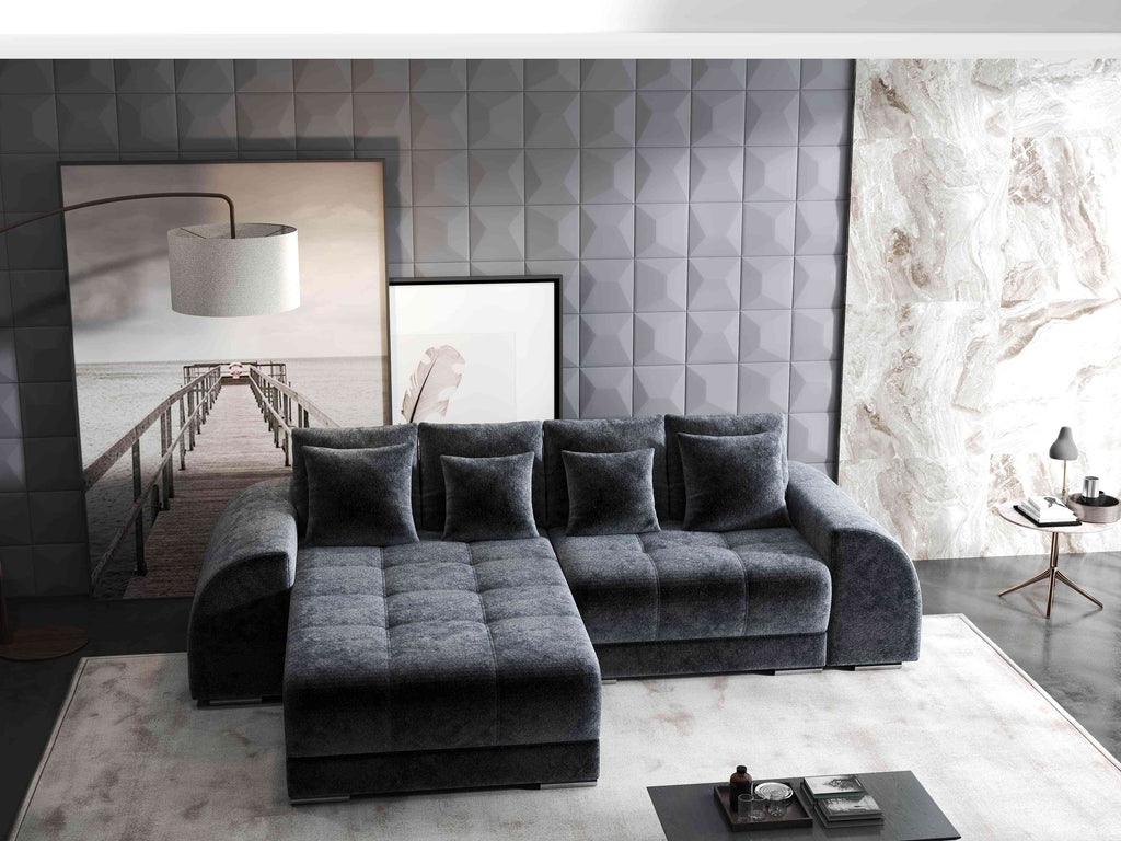 Colțar extensibil dumonde cu ladă de depozitare si sezut confortabil din spuma high-density, Verona Euphoria Grafit 290x185 cm
