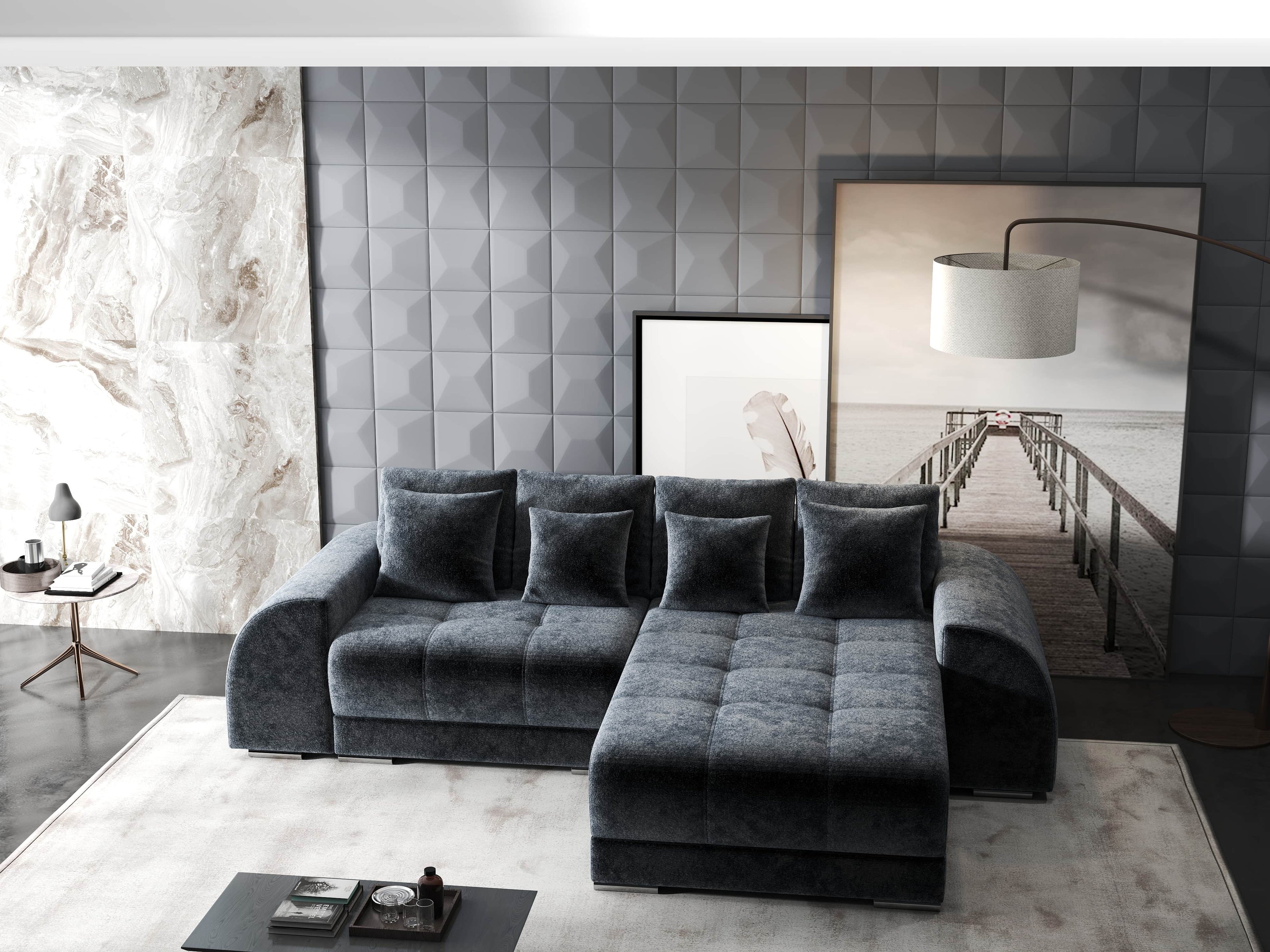 Colțar extensibil dumonde cu ladă de depozitare si sezut confortabil din spuma high-density, Verona Euphoria Grafit II 290x185 cm