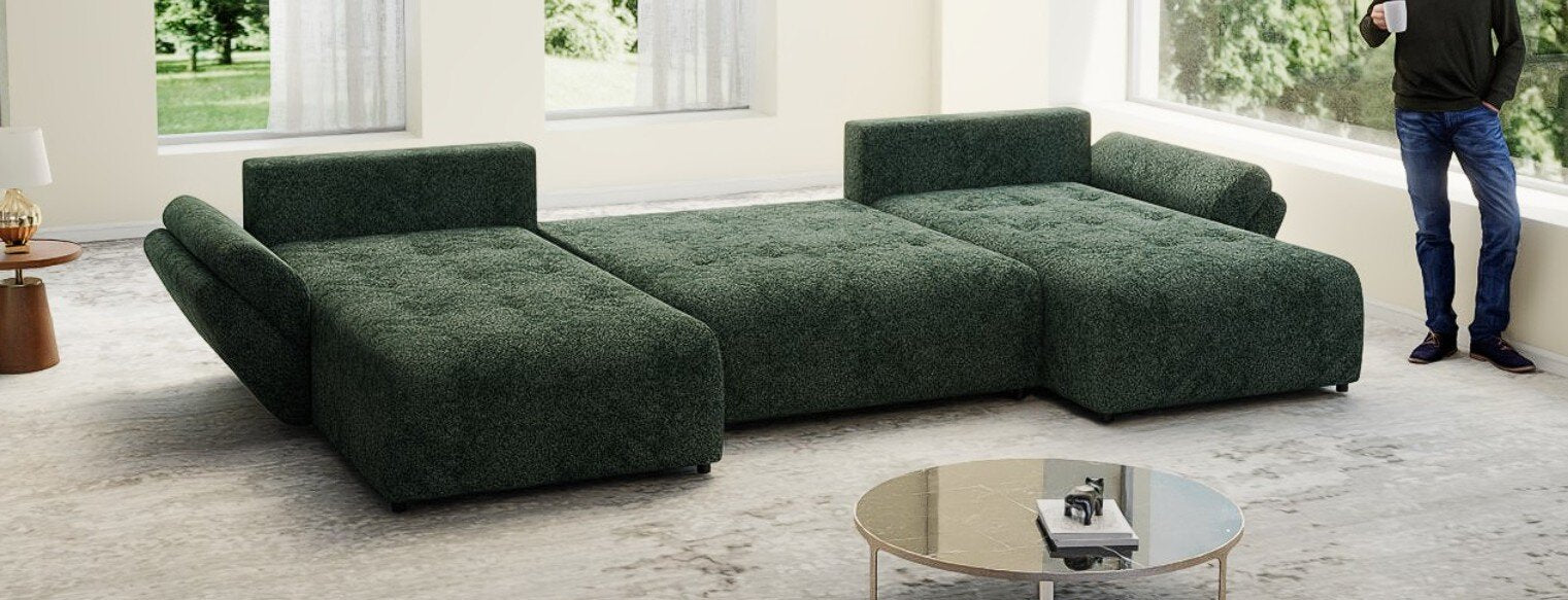 Colțar extensibil dumonde cu ladă de depozitare si sezut confortabil din spuma high-density, Berlin U Euphoria Verde 380x180 cm