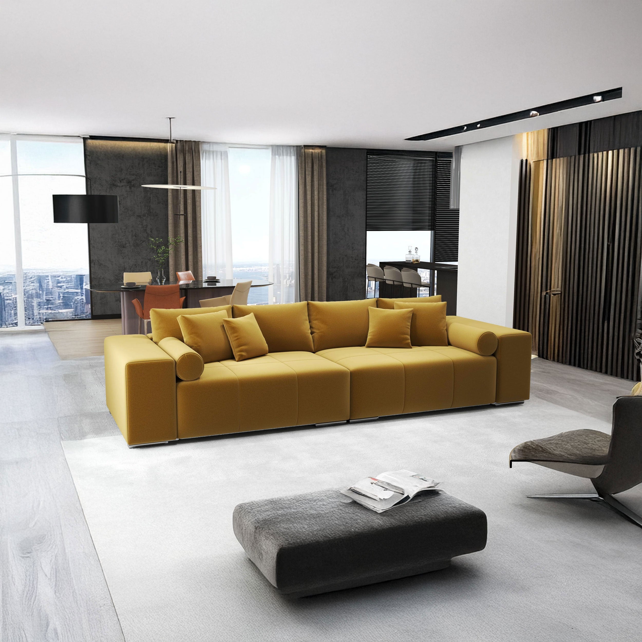 Canapea extensibilă dumonde cu ladă de depozitare si sezut confortabil din spuma high-density, Marbela Royal Mustar XXL 295x100 cm