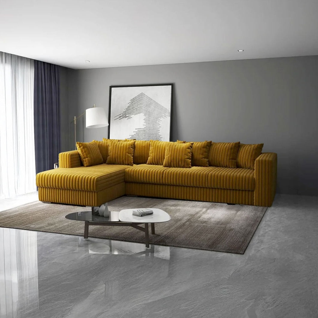 Colțar extensibil dumonde cu ladă de depozitare si sezut confortabil din spuma high-density, Gloria Ambience Mustar 320x183 cm