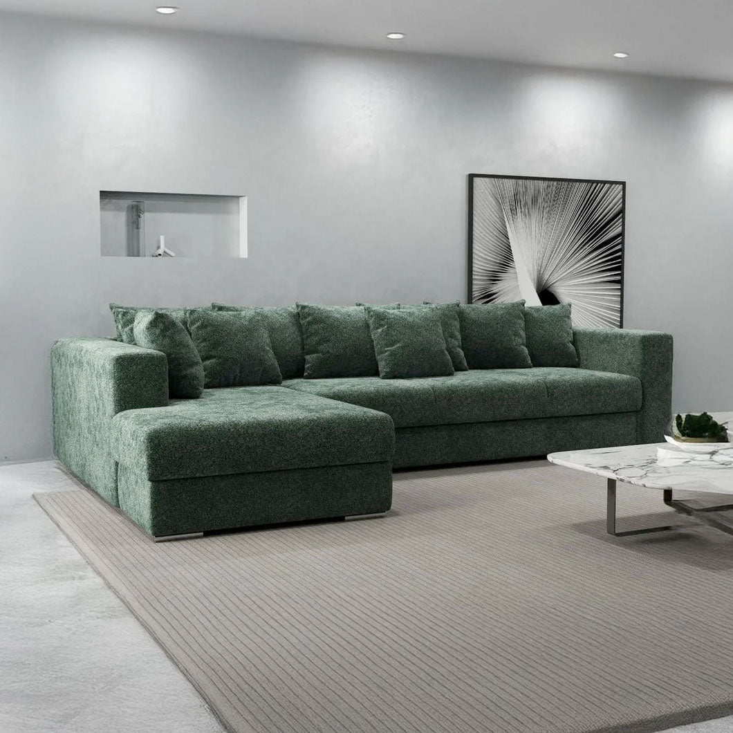 Colțar extensibil dumonde cu ladă de depozitare si sezut confortabil din spuma high-density, Gloria Euphoria Green 320x183 cm