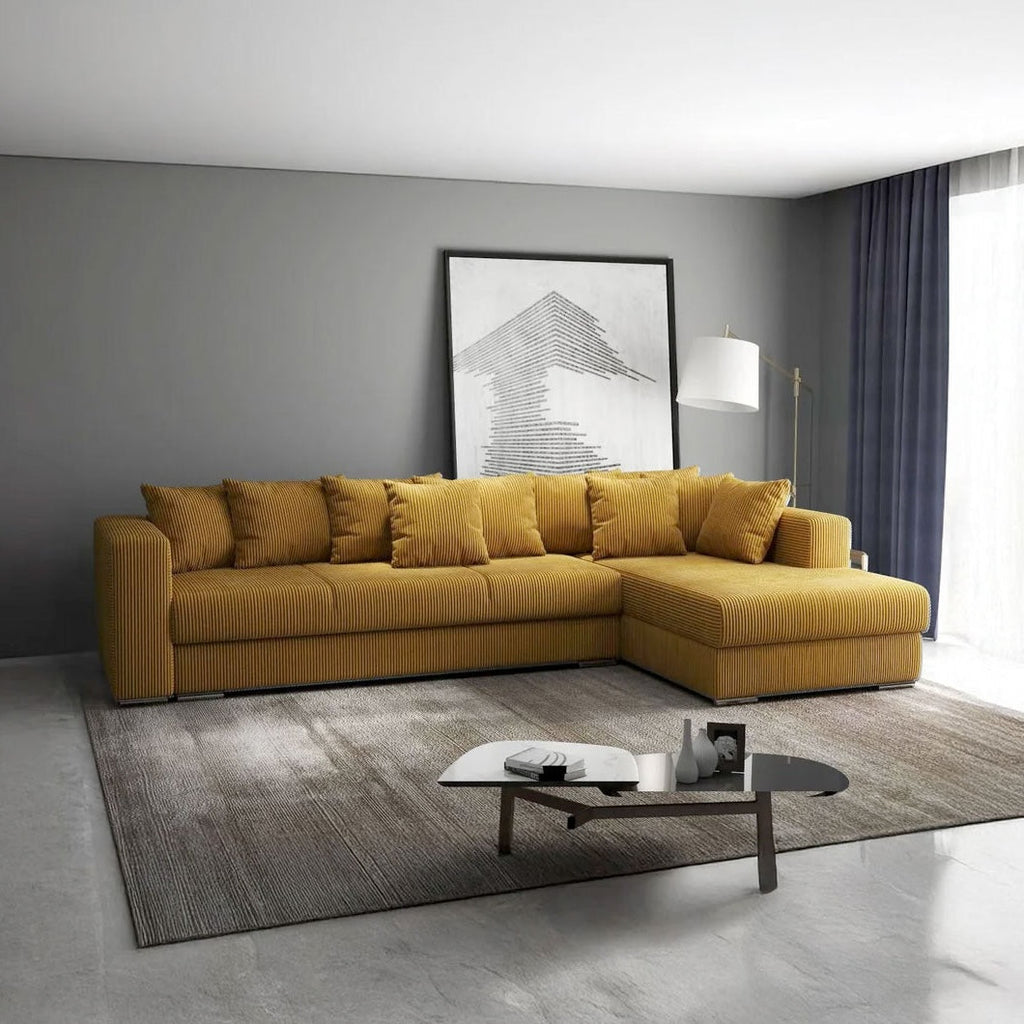 Colțar extensibil dumonde cu ladă de depozitare si sezut confortabil din spuma high-density, Gloria Zoom Mustar II 320x183 cm