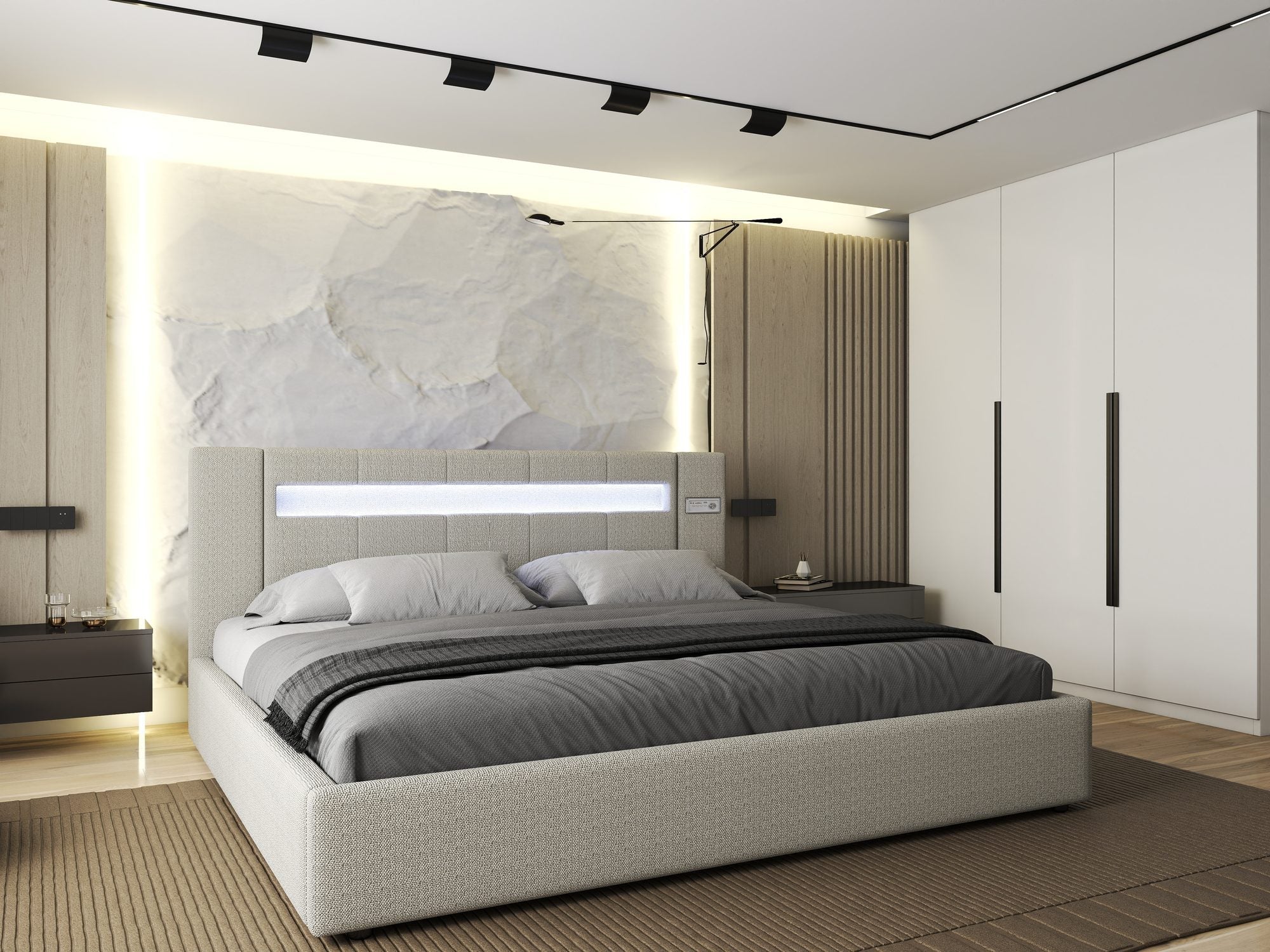 Pat dormitor dumonde, tapitat Gri, Glow 140x200 cm, somiera rabatabila inclusa, spatiu depozitare