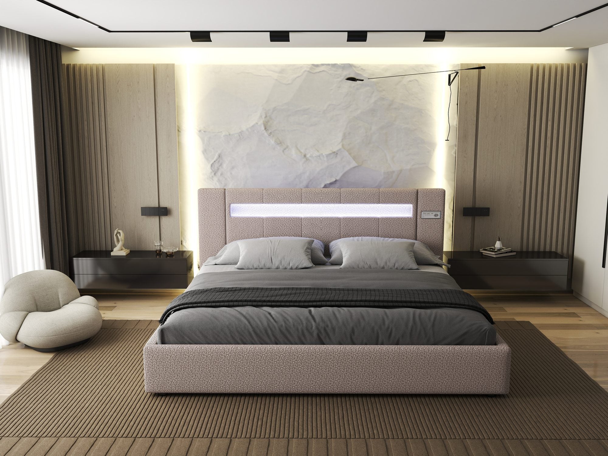 Pat dormitor dumonde, tapitat Roz, Glow 160x200 cm, somiera rabatabila inclusa, spatiu depozitare