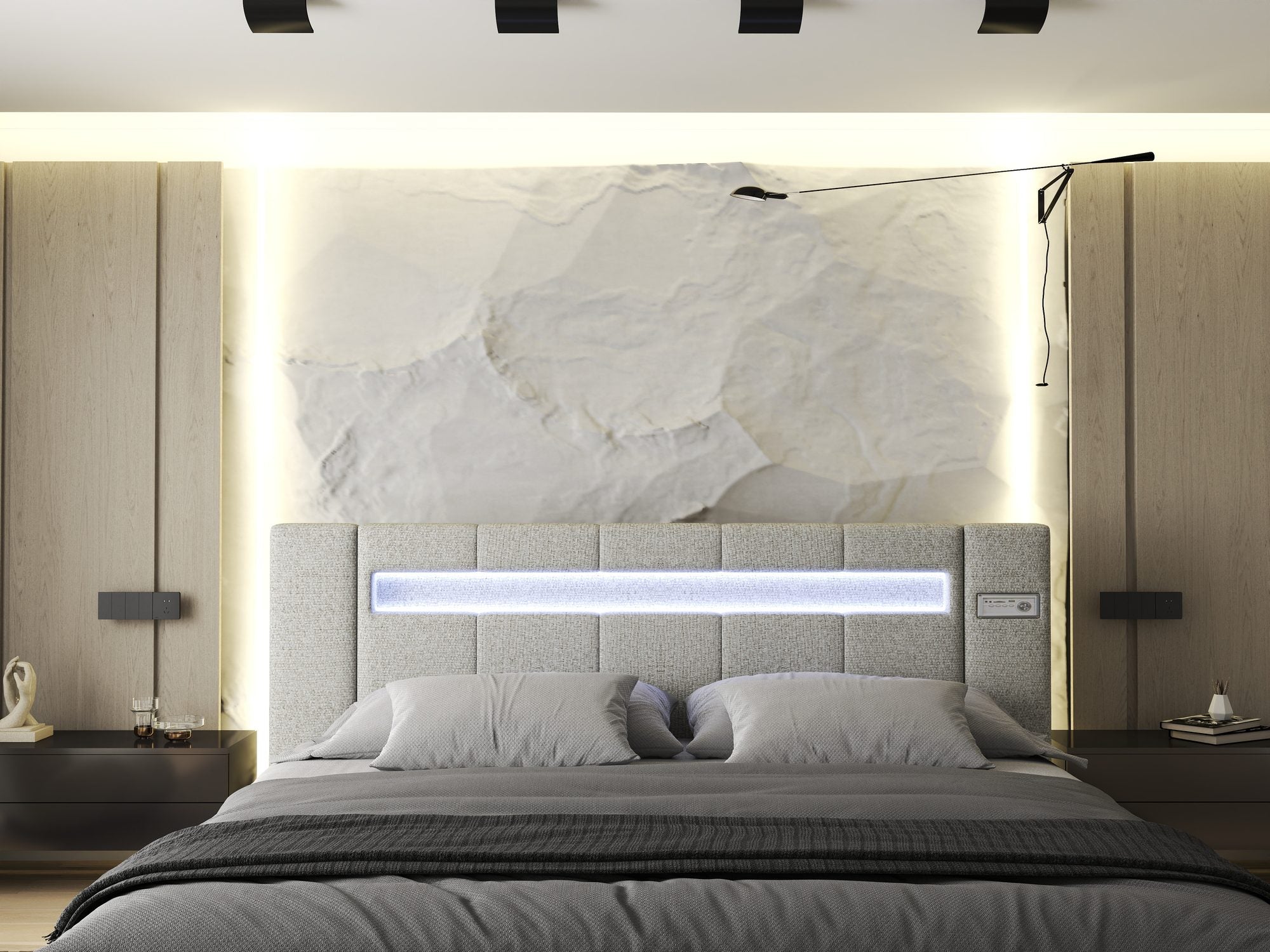 Pat dormitor dumonde, tapitat bej, Glow 180x200 cm, somiera rabatabila inclusa, spatiu depozitare