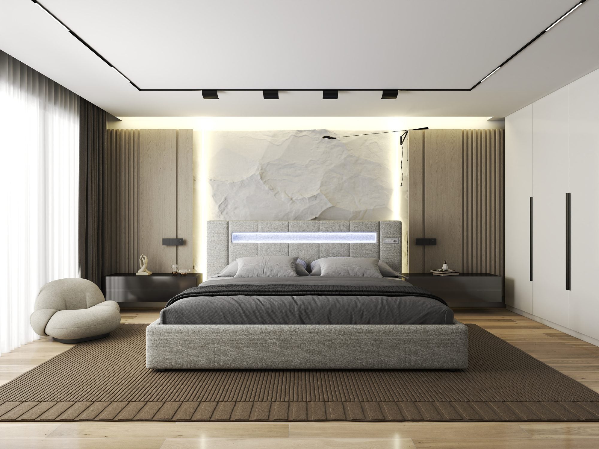 Pat dormitor dumonde, tapitat bej, Glow 180x200 cm, somiera rabatabila inclusa, spatiu depozitare