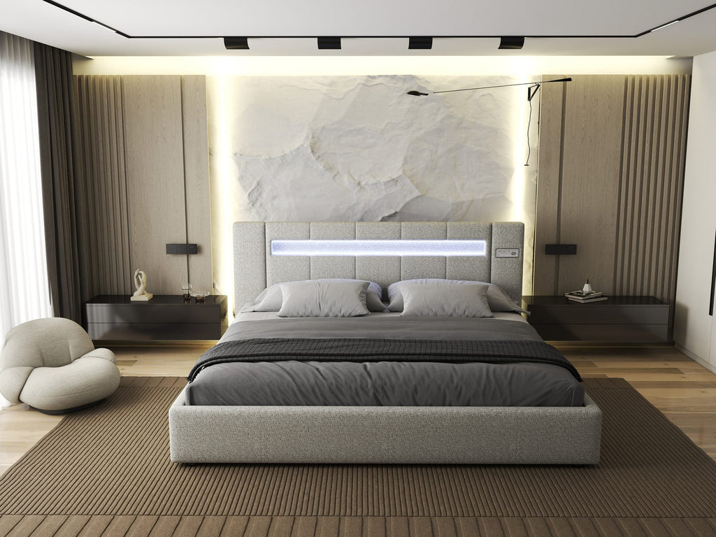 Pat dormitor dumonde, tapitat bej, Glow 180x200 cm, somiera rabatabila inclusa, spatiu depozitare